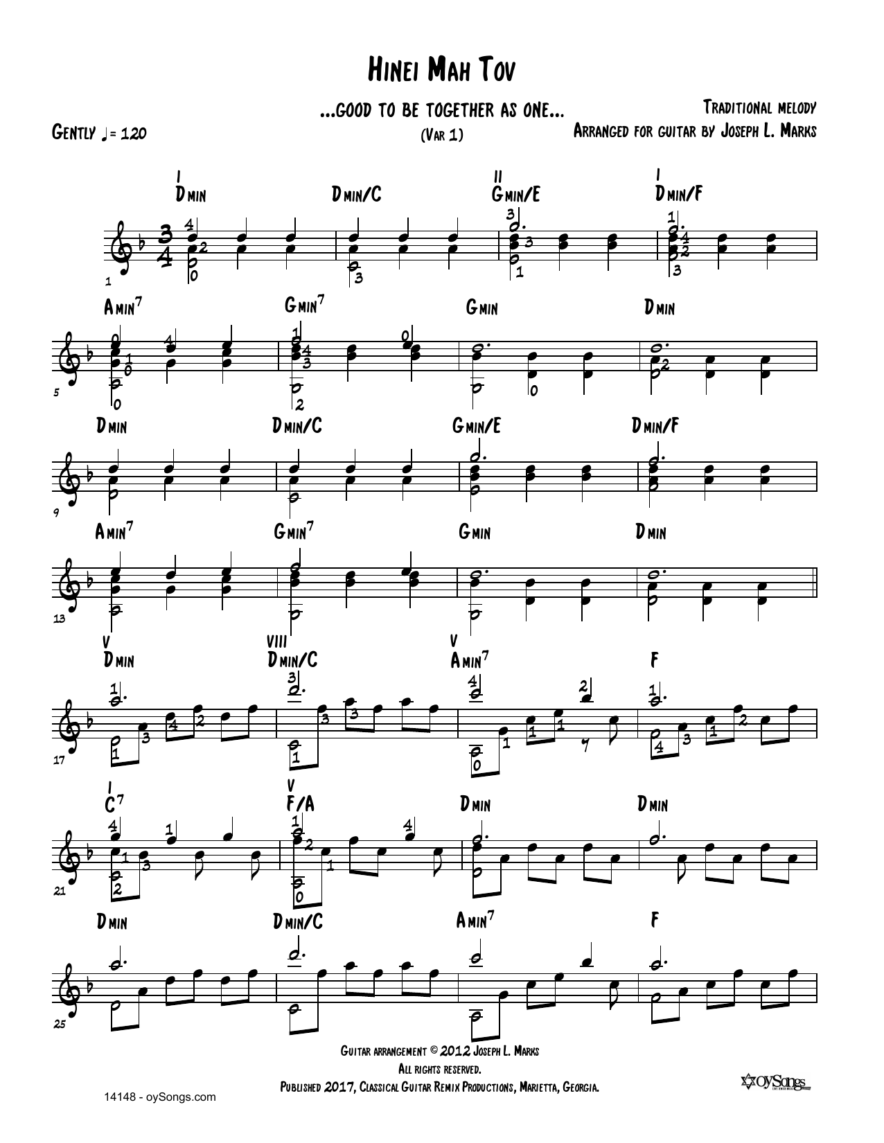 Download Traditional Melody Hinei Mah Tov Var 1 (arr. Joe Marks) Sheet Music and learn how to play Solo Guitar PDF digital score in minutes