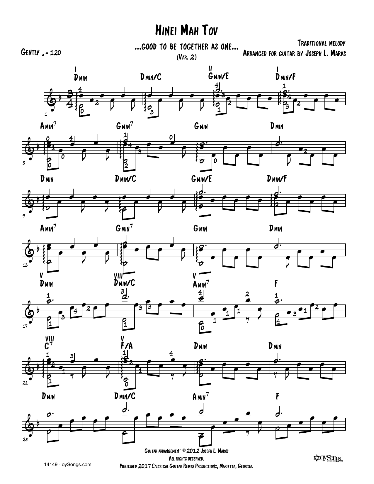 Download Traditional Melody Hinei Mah Tov Var 2 (arr. Joe Marks) Sheet Music and learn how to play Solo Guitar PDF digital score in minutes