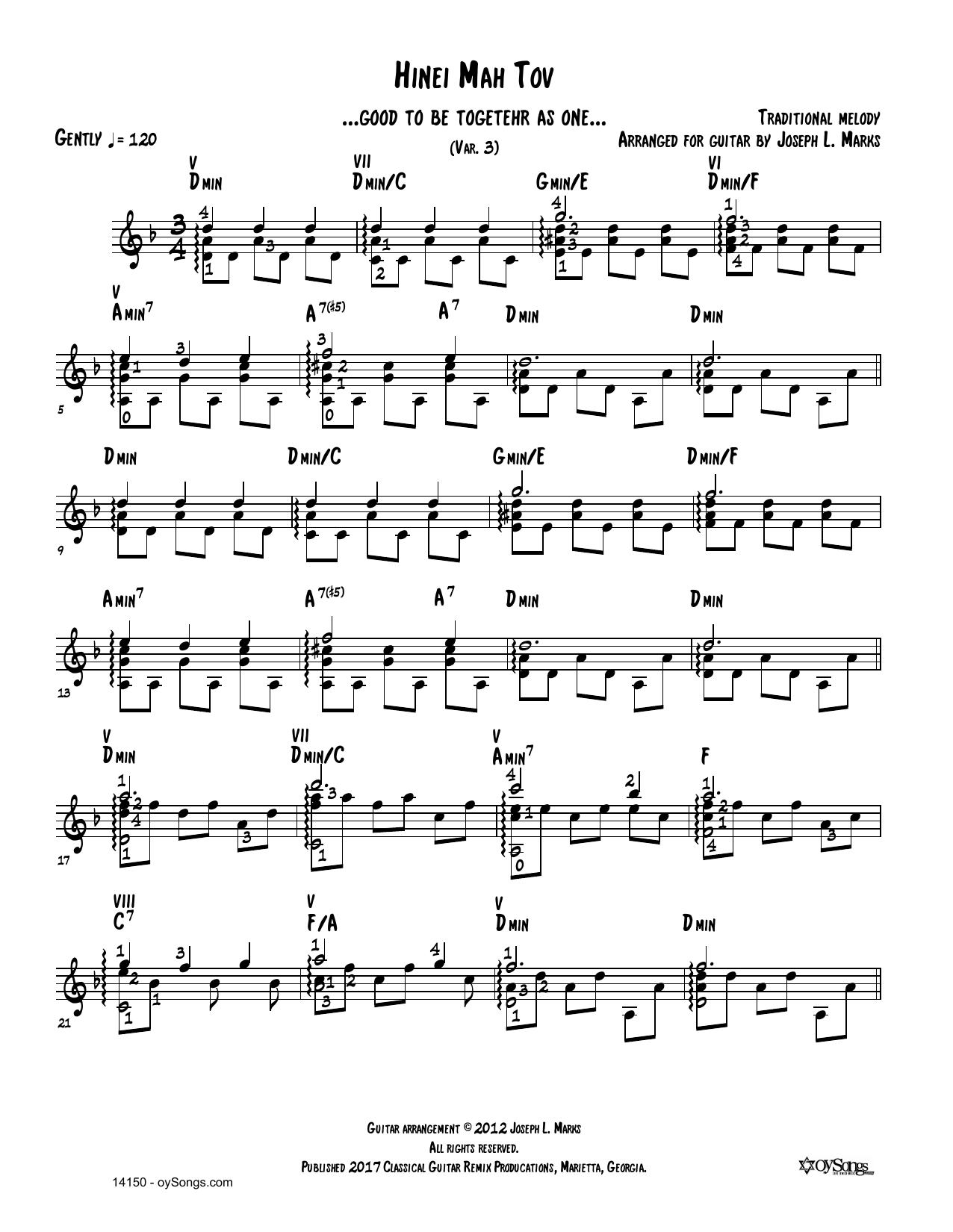Download Traditional Melody Hinei Mah Tov Var 3 (arr. Joe Marks) Sheet Music and learn how to play Solo Guitar PDF digital score in minutes