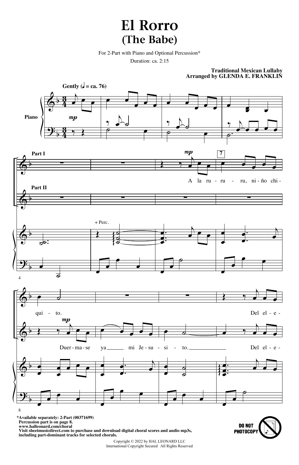Download Traditional Mexican Lullaby El Rorro (The Babe) (arr. Glenda E. Franklin) Sheet Music and learn how to play 2-Part Choir PDF digital score in minutes