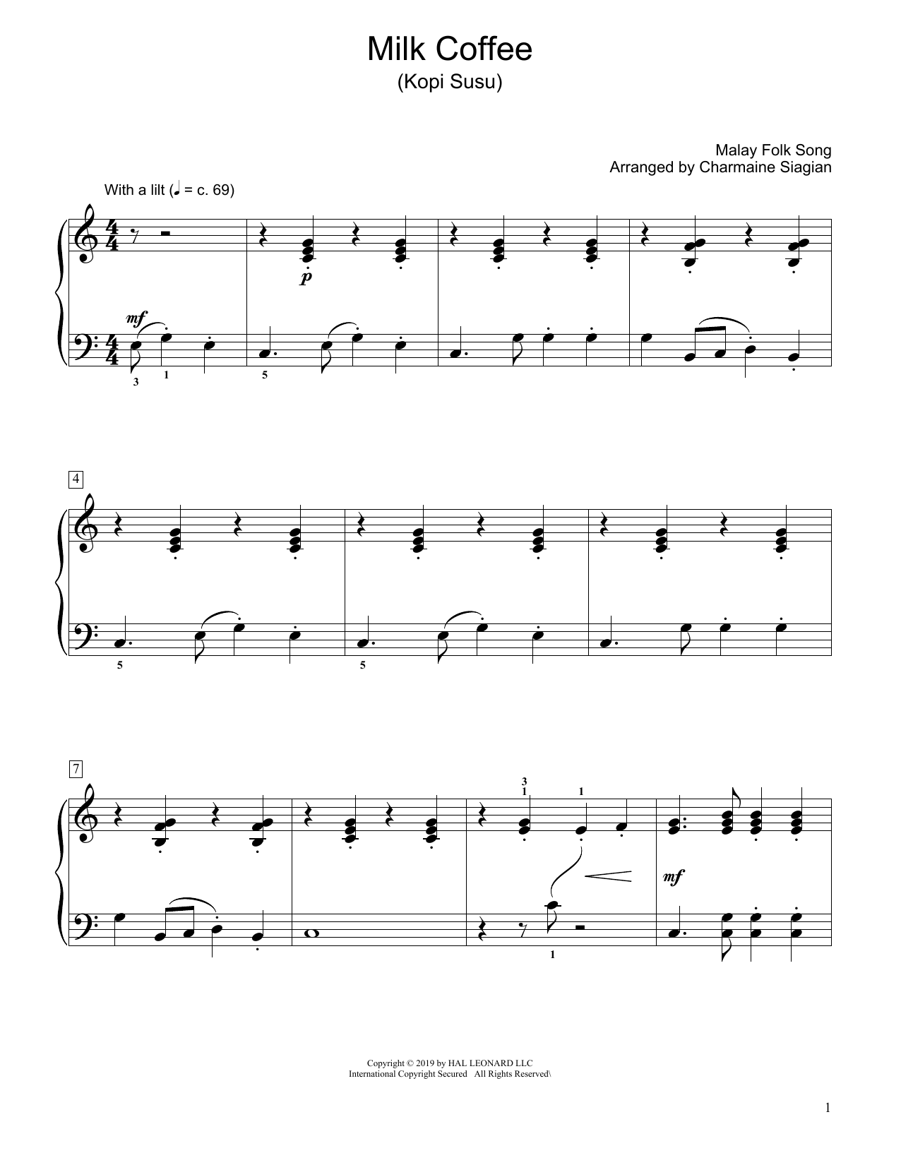 Download Traditional Milk Coffee (Kopi Susu) (arr. Charmaine Siagian) Sheet Music and learn how to play Educational Piano PDF digital score in minutes