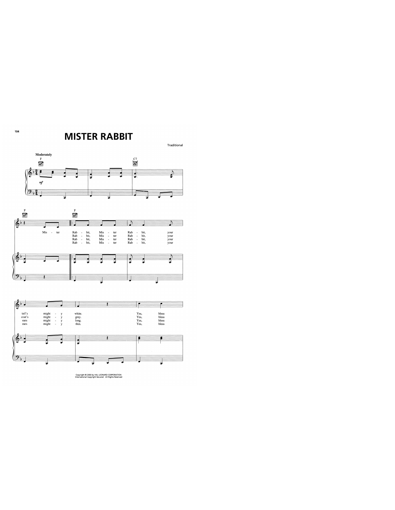 Download Traditional Mister Rabbit Sheet Music and learn how to play Piano, Vocal & Guitar Chords (Right-Hand Melody) PDF digital score in minutes