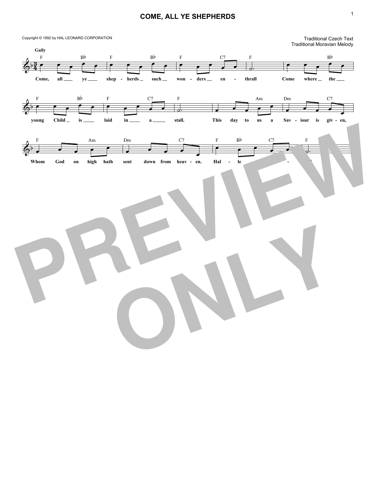 Download Traditional Come, All Ye Shepherds Sheet Music and learn how to play Melody Line, Lyrics & Chords PDF digital score in minutes