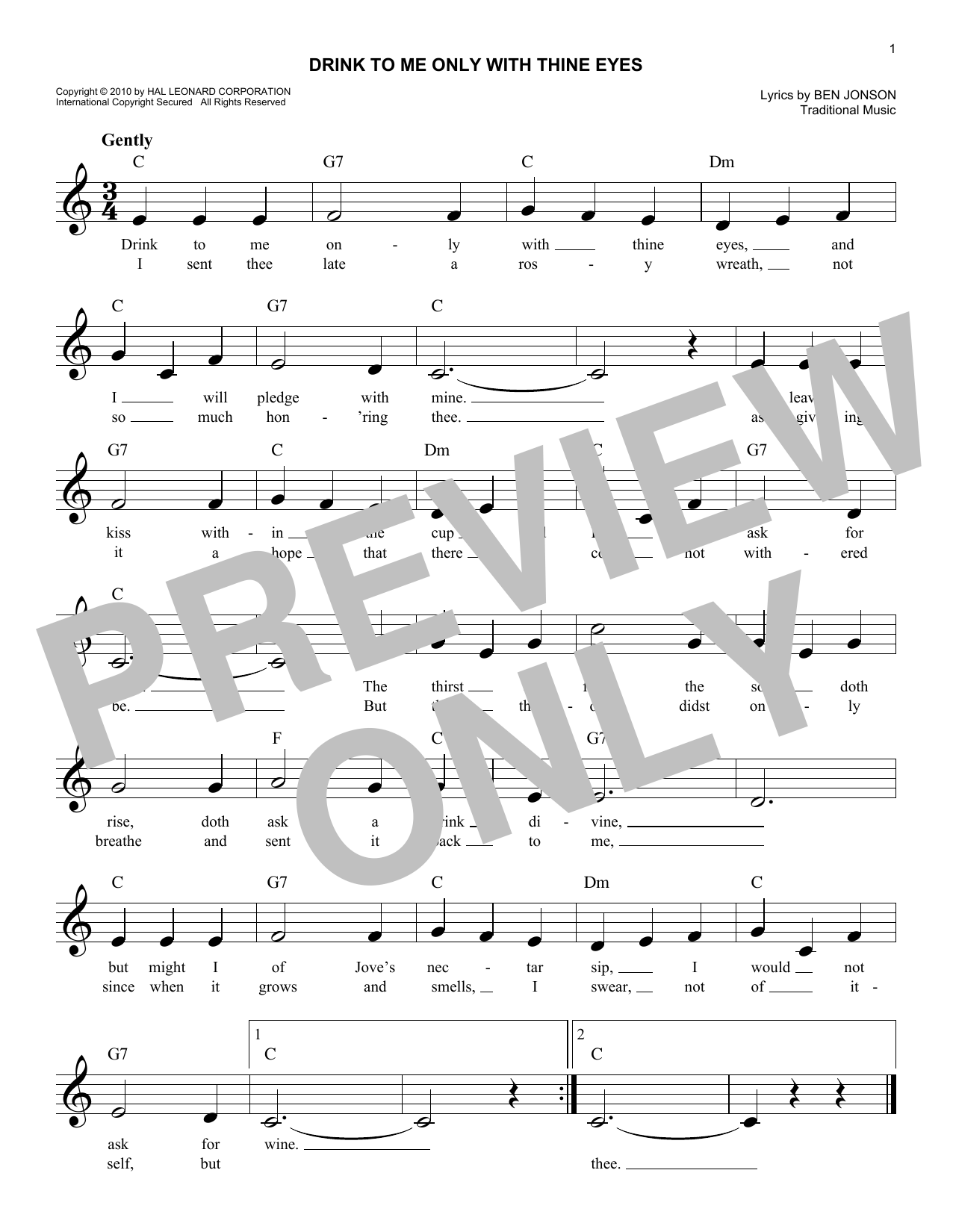 Download Traditional Music Drink To Me Only With Thine Eyes Sheet Music and learn how to play Melody Line, Lyrics & Chords PDF digital score in minutes
