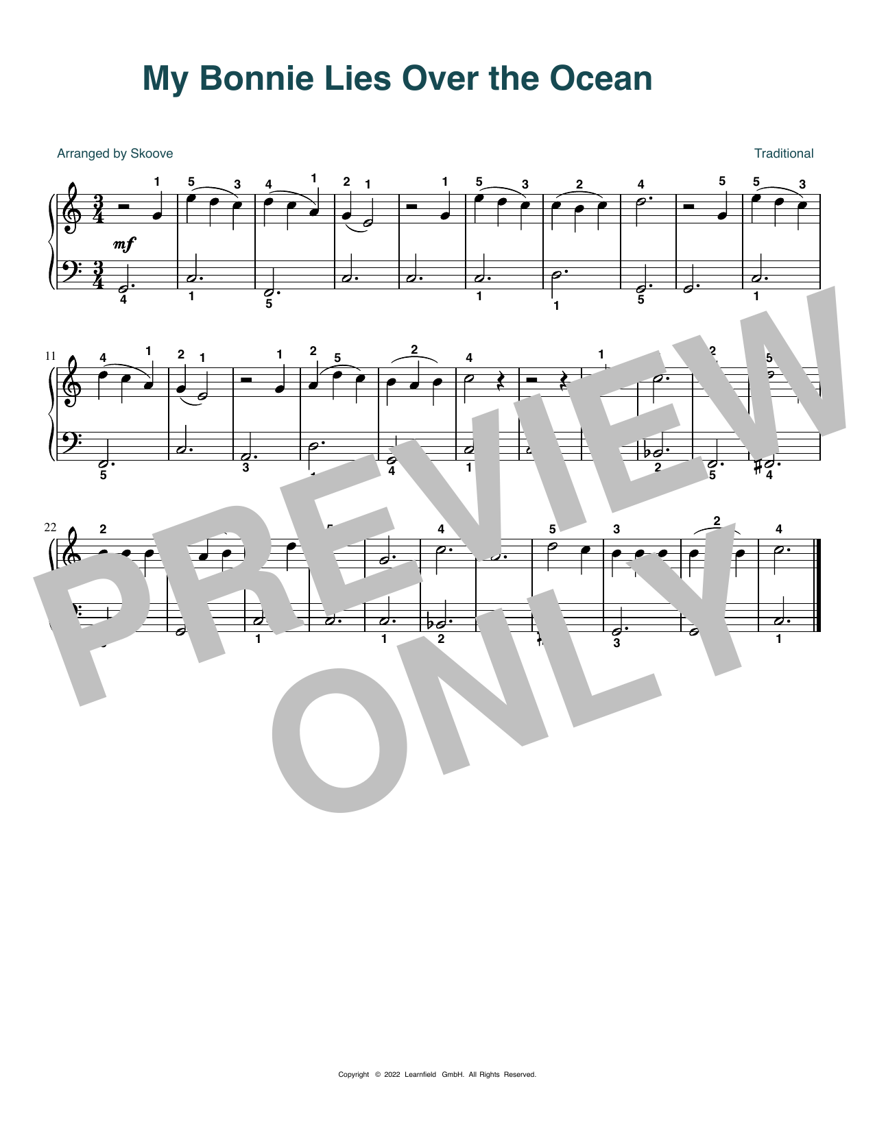 Download Traditional My Bonny Lies Over The Ocean (arr. Skoove) Sheet Music and learn how to play Beginner Piano (Abridged) PDF digital score in minutes