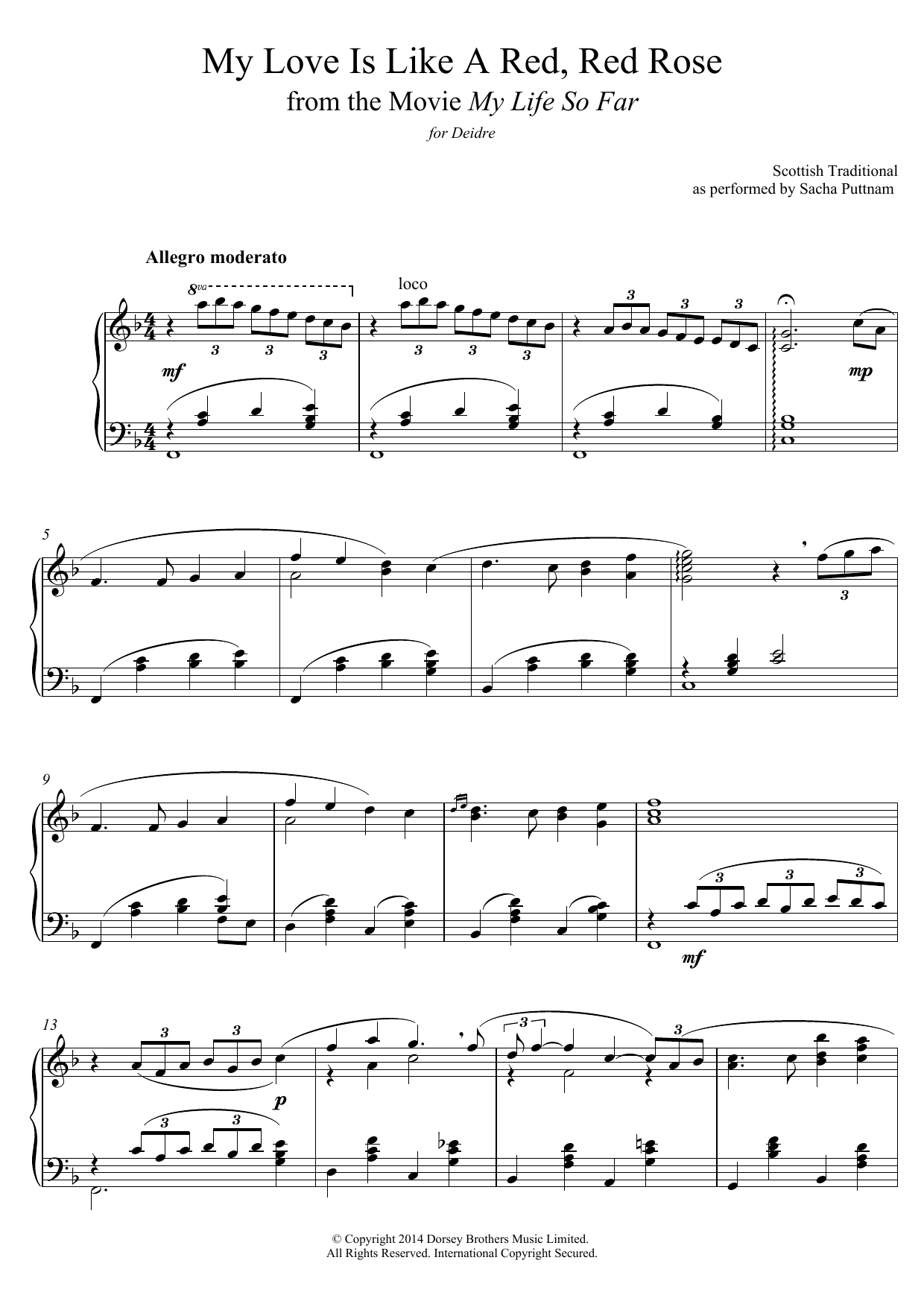 Download Tradtitional My Love Is Like A Red, Red Rose (as performed by Sacha Puttnam) Sheet Music and learn how to play Piano PDF digital score in minutes