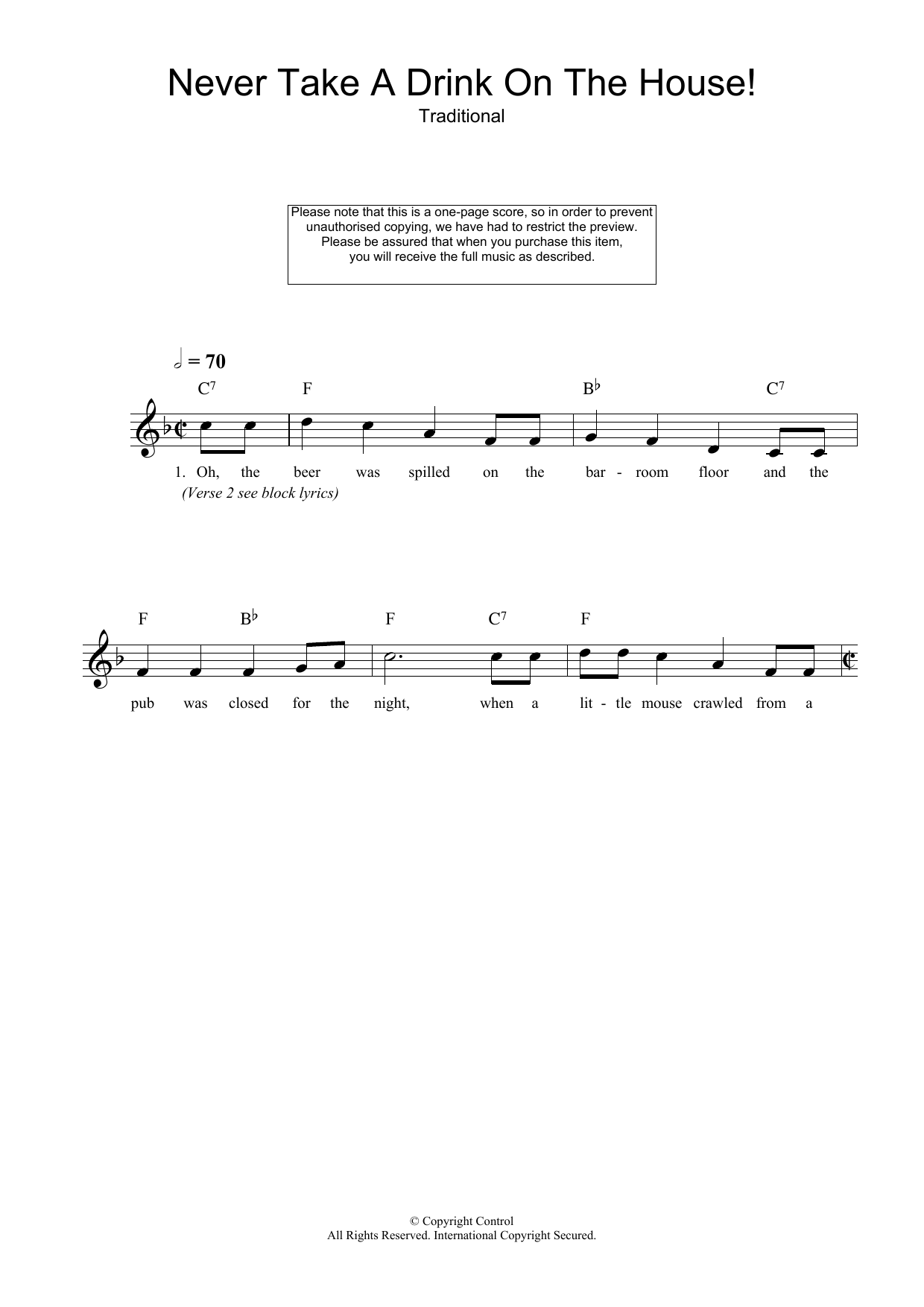 Download Traditional Never Take A Drink On The House! Sheet Music and learn how to play Melody Line, Lyrics & Chords PDF digital score in minutes