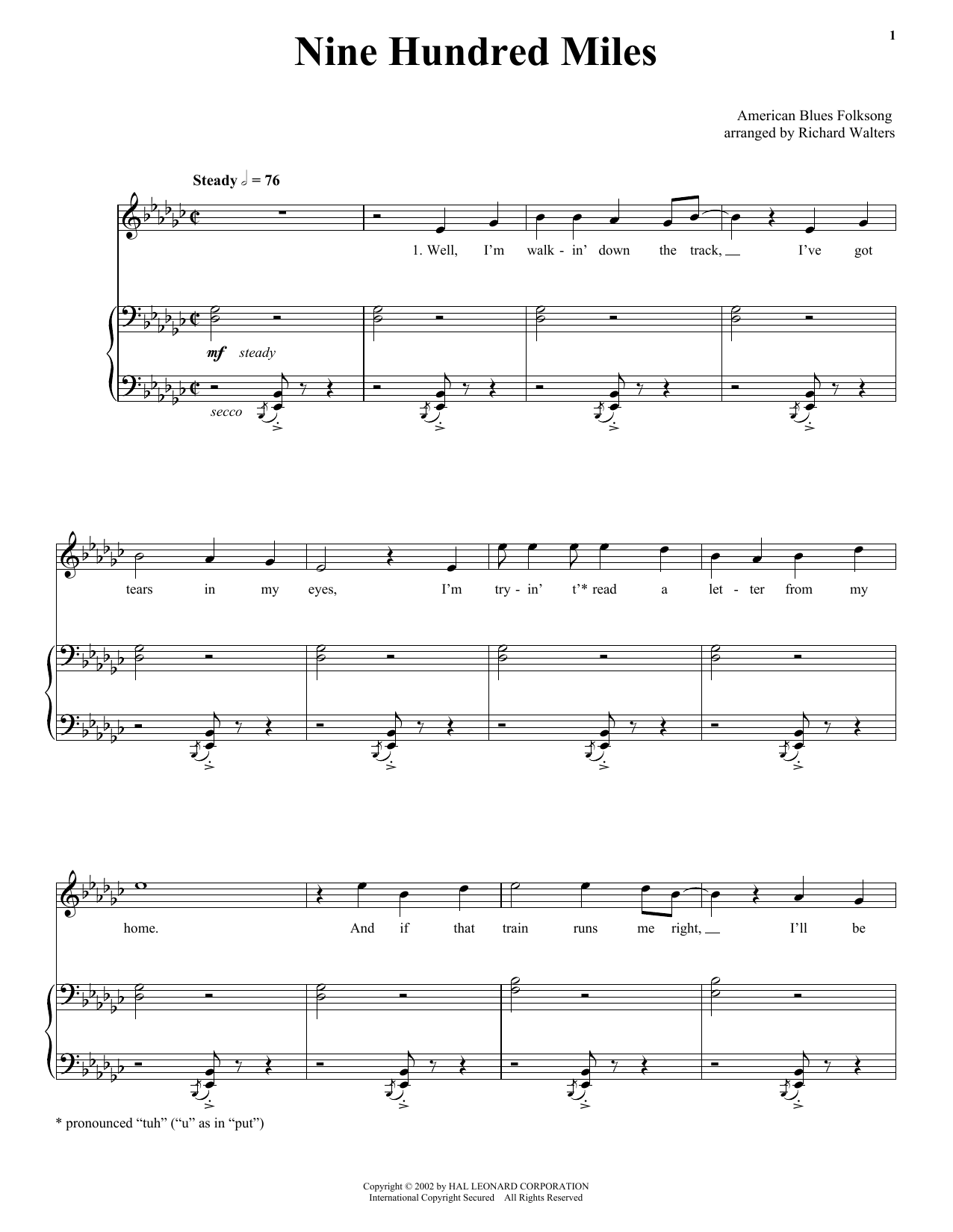 Download Traditional Nine Hundred Miles Sheet Music and learn how to play Piano, Vocal & Guitar (Right-Hand Melody) PDF digital score in minutes