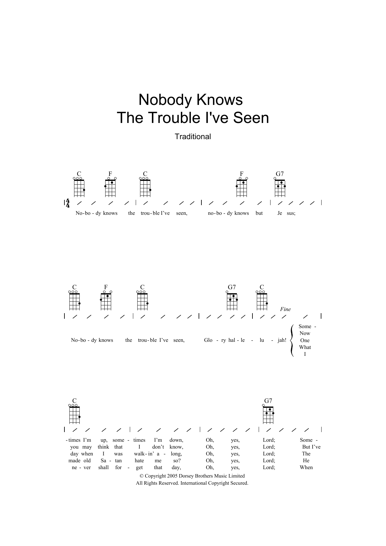 Download Traditional Nobody Knows The Trouble I've Seen Sheet Music and learn how to play Ukulele with strumming patterns PDF digital score in minutes