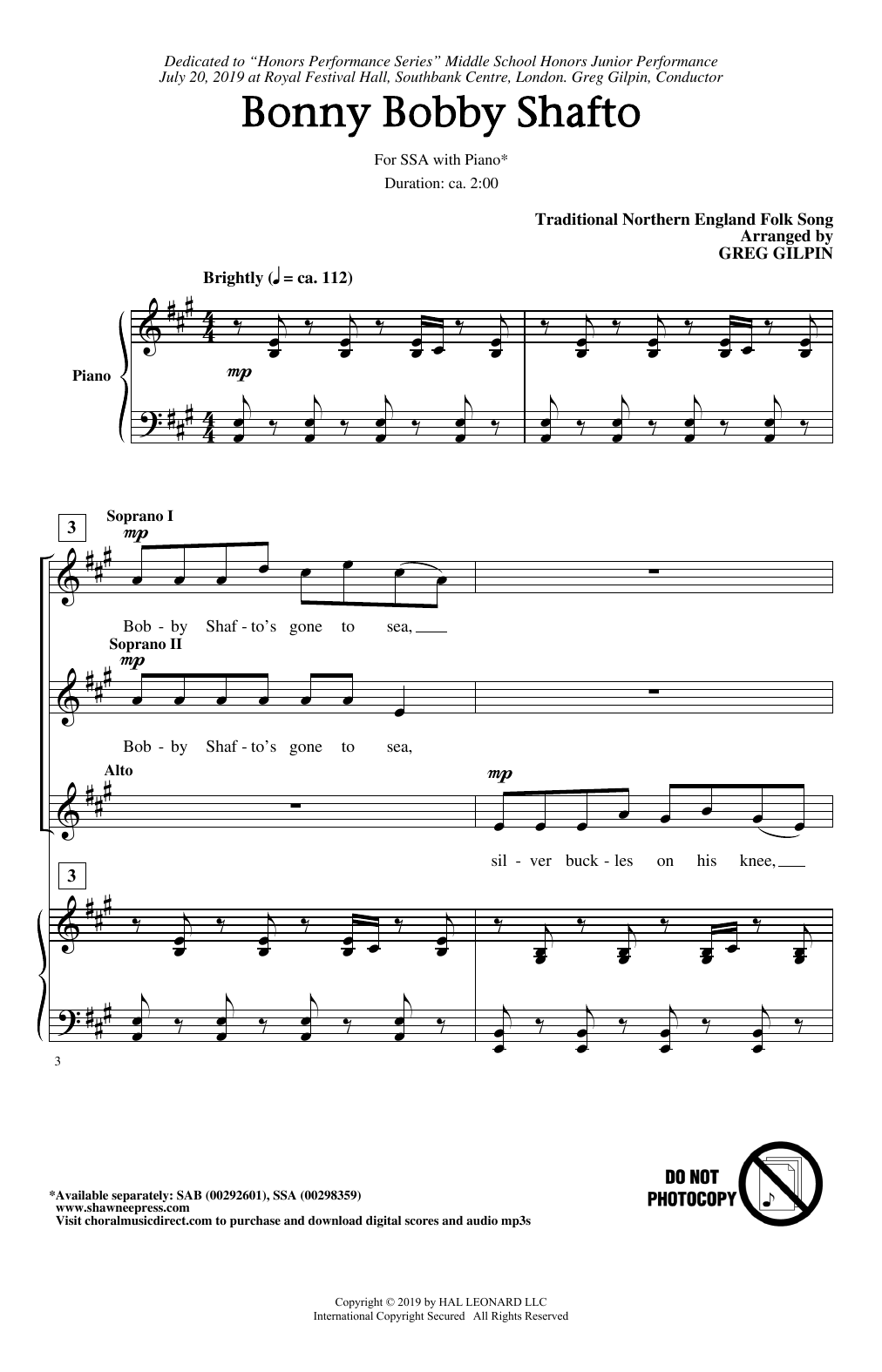 Download Traditional Northern England Folk Song Bonny Bobby Shafto (arr. Greg Gilpin) Sheet Music and learn how to play SSA Choir PDF digital score in minutes