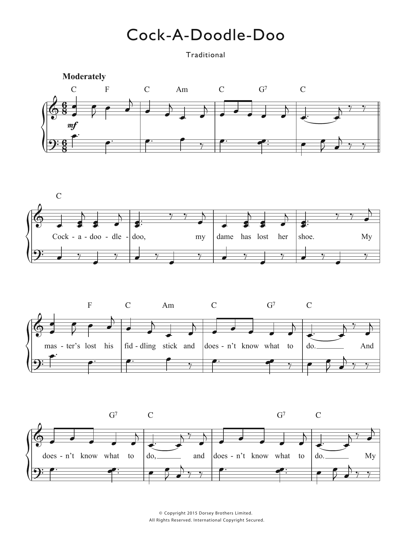 Download Traditional Nursery Rhyme Cock-A-Doodle-Doo Sheet Music and learn how to play Piano & Vocal PDF digital score in minutes