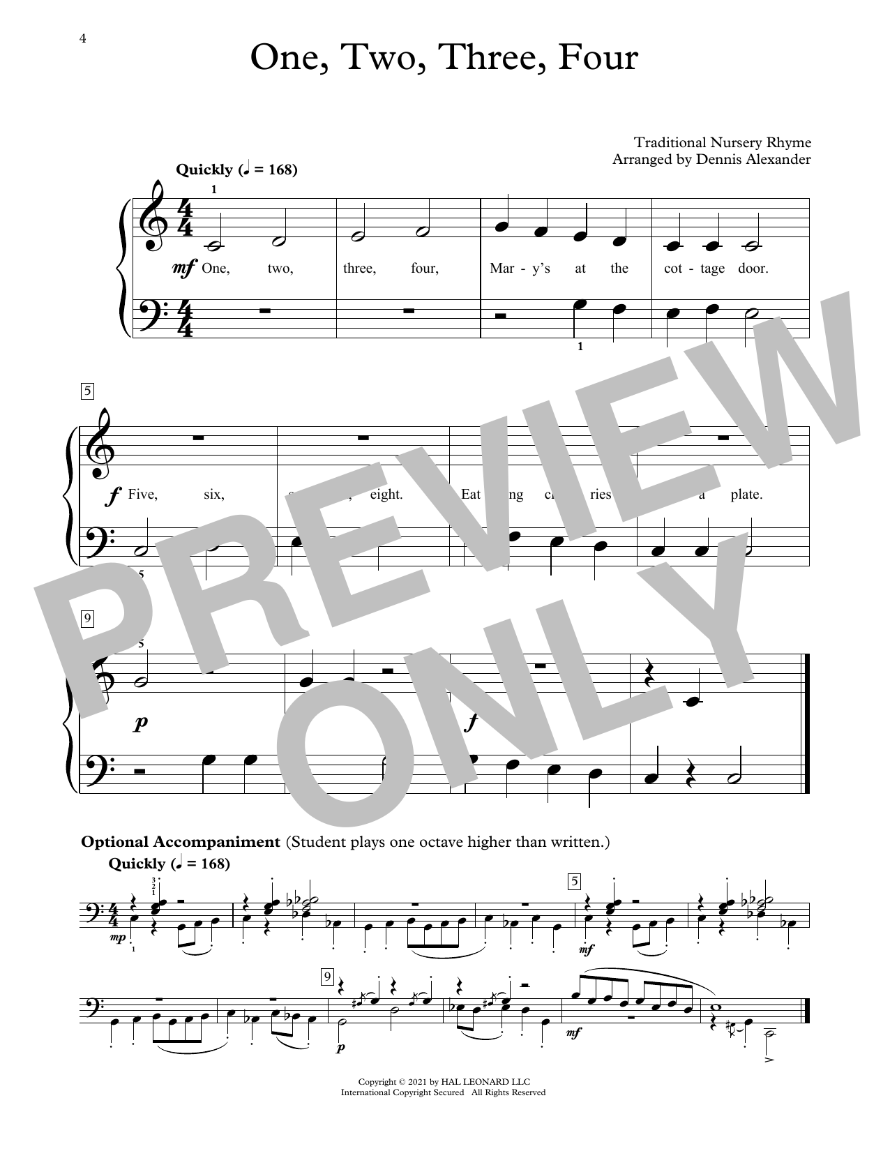 Download Traditional Nursery Rhyme One, Two, Three, Four Sheet Music and learn how to play Educational Piano PDF digital score in minutes