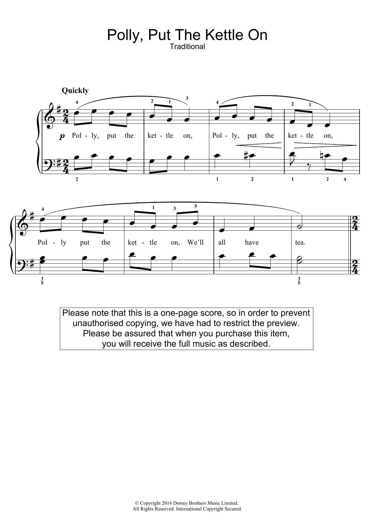 Download Traditional Nursery Rhyme Polly Put The Kettle On Sheet Music and learn how to play Easy Piano PDF digital score in minutes