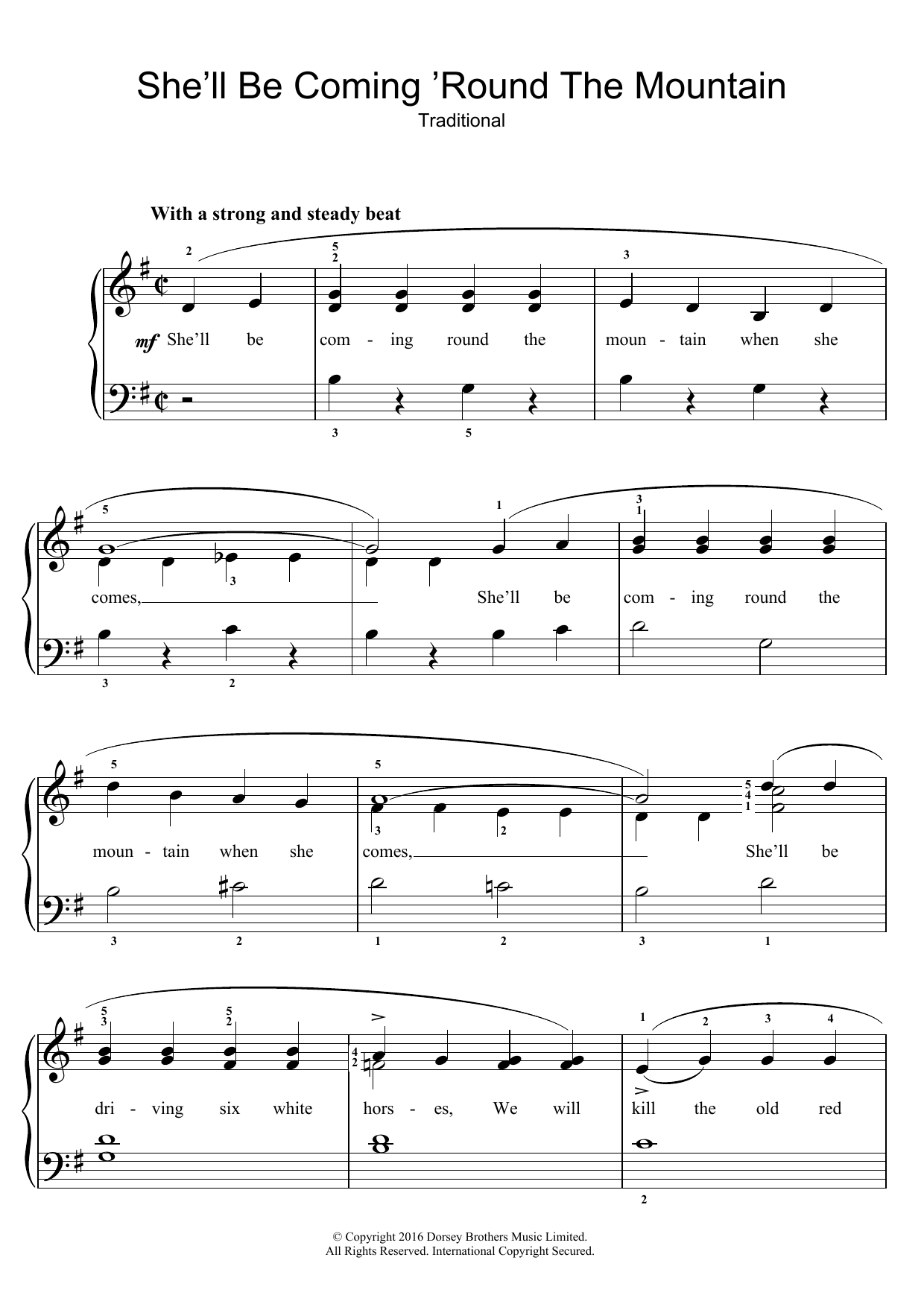 Download Traditional Nursery Rhyme She'll Be Coming 'Round The Mountain Sheet Music and learn how to play Easy Piano PDF digital score in minutes