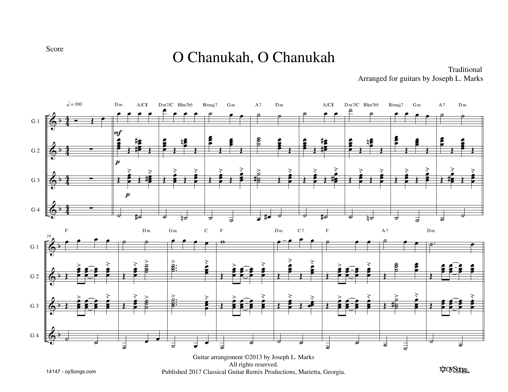 Download Traditional O Chanukah for Guitar Quartet (arr. Joe Marks) Sheet Music and learn how to play Guitar Ensemble PDF digital score in minutes