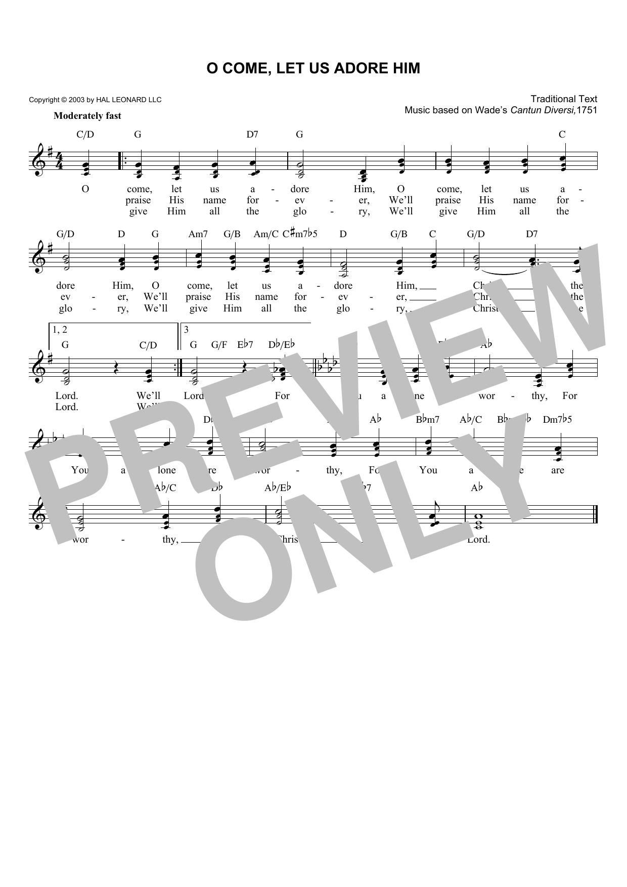 Download Traditional O Come, Let Us Adore Him Sheet Music and learn how to play Melody Line, Lyrics & Chords PDF digital score in minutes