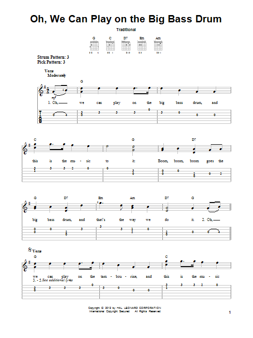 Download Traditional Oh, We Can Play On The Big Bass Drum Sheet Music and learn how to play Easy Guitar Tab PDF digital score in minutes