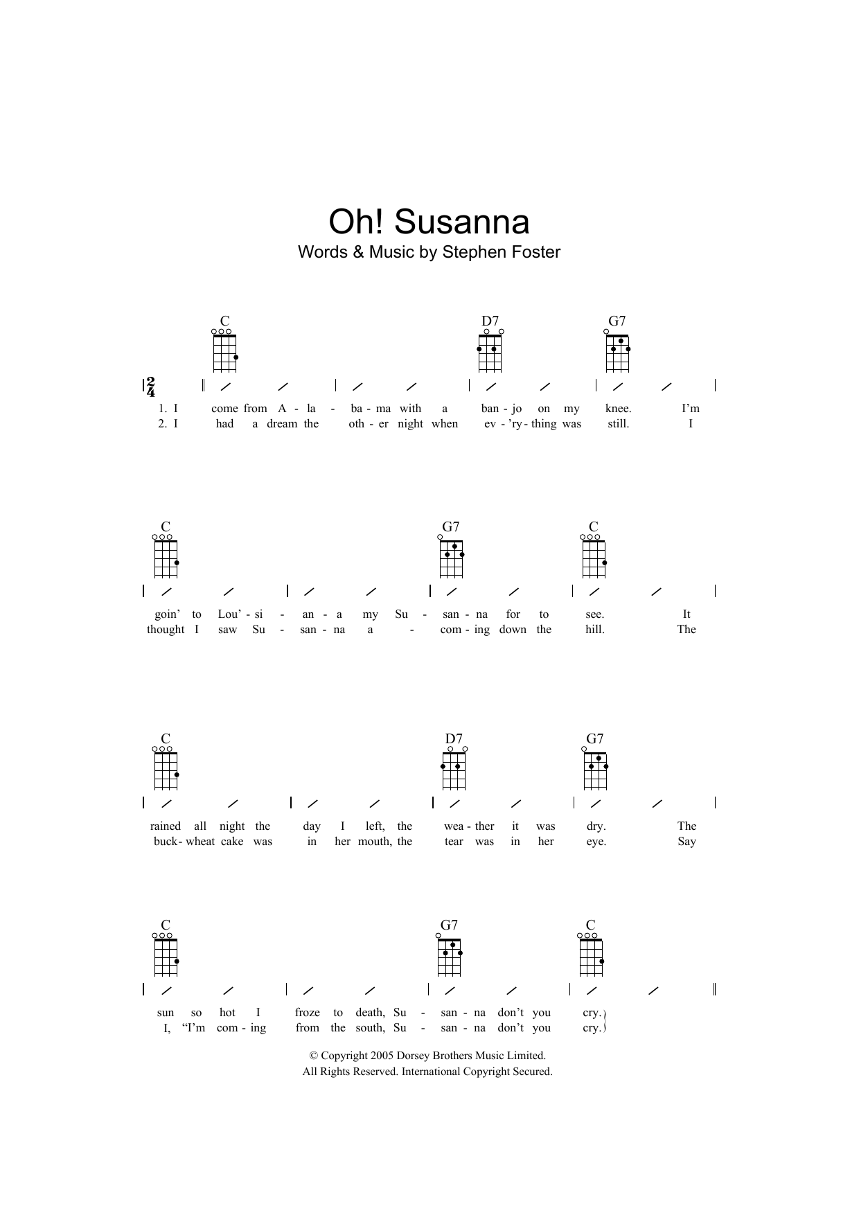 Download Traditional Oh! Susanna Sheet Music and learn how to play Ukulele with strumming patterns PDF digital score in minutes