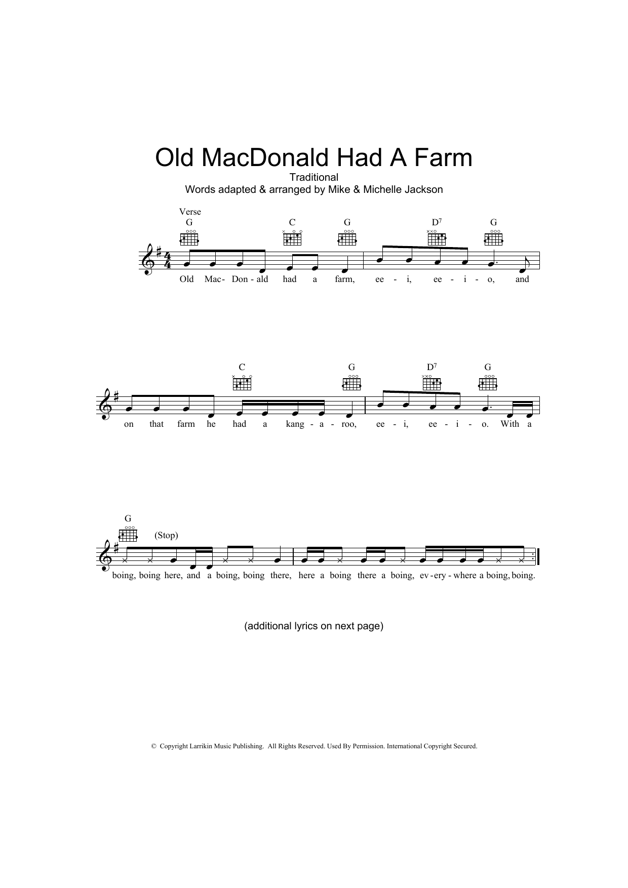 Download Traditional Old MacDonald Had A Farm (Australian version) Sheet Music and learn how to play Melody Line, Lyrics & Chords PDF digital score in minutes