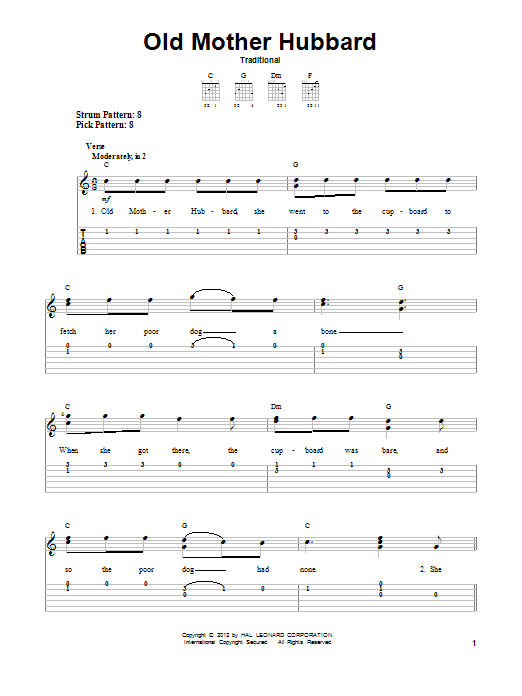 Download Traditional Old Mother Hubbard Sheet Music and learn how to play Easy Guitar Tab PDF digital score in minutes