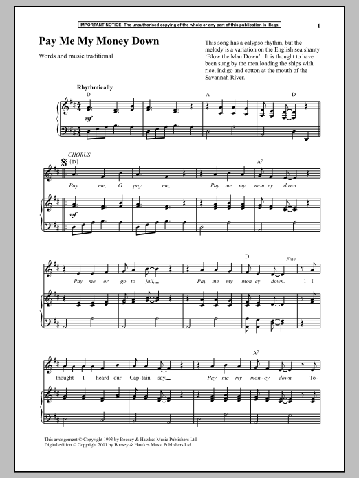 Download Traditional Pay Me My Money Down Sheet Music and learn how to play Piano PDF digital score in minutes