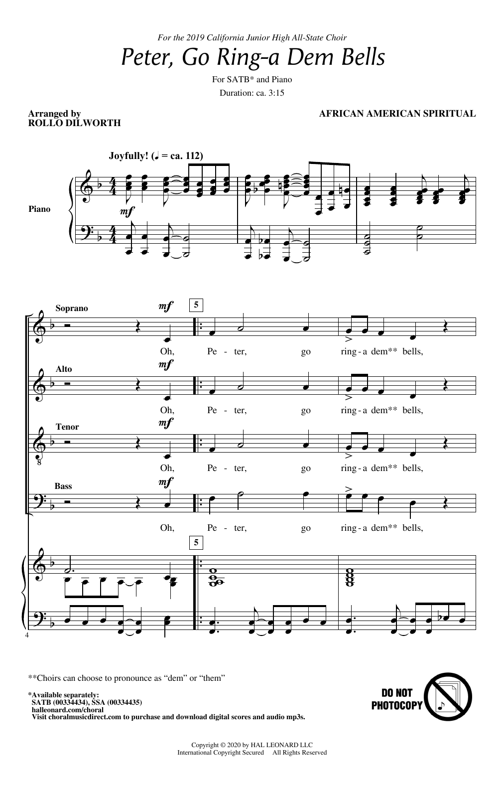 Download Traditional Peter Go Ring-A Dem Bells (arr. Rollo Dilworth) Sheet Music and learn how to play SATB Choir PDF digital score in minutes
