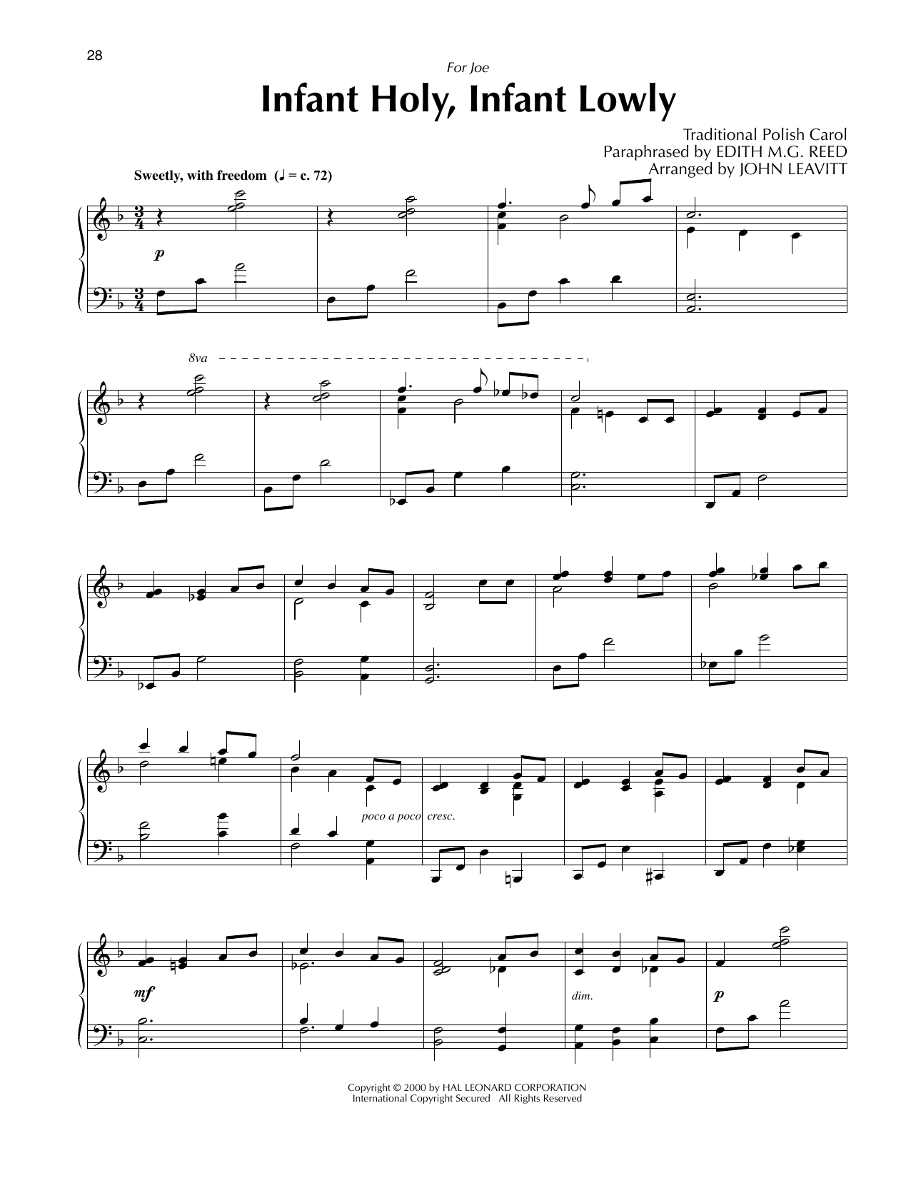 Download Traditional Polish Carol Infant Holy, Infant Lowly (arr. John Leavitt) Sheet Music and learn how to play Piano Solo PDF digital score in minutes