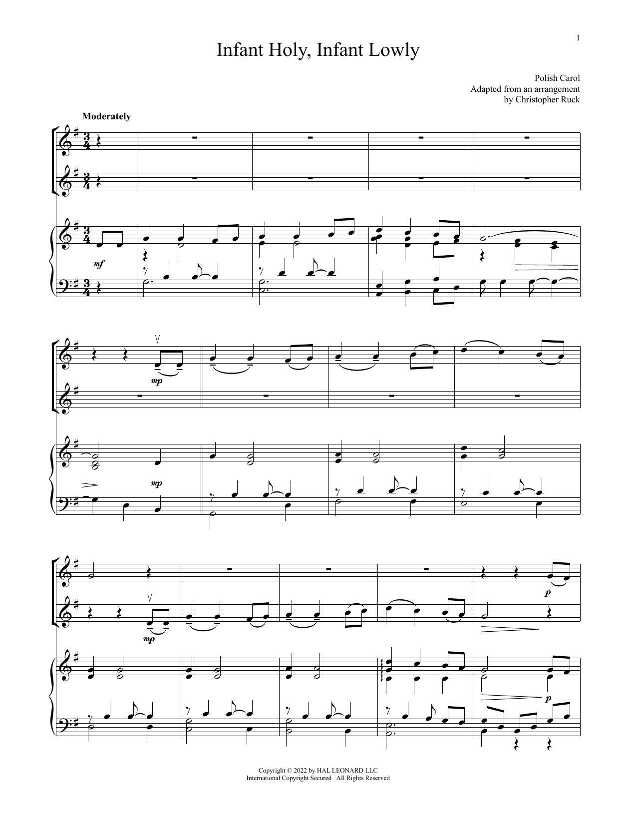 Download Traditional Polish Carol Infant Holy, Infant Lowly (for Violin Duet and Piano) Sheet Music and learn how to play Violin and Piano PDF digital score in minutes