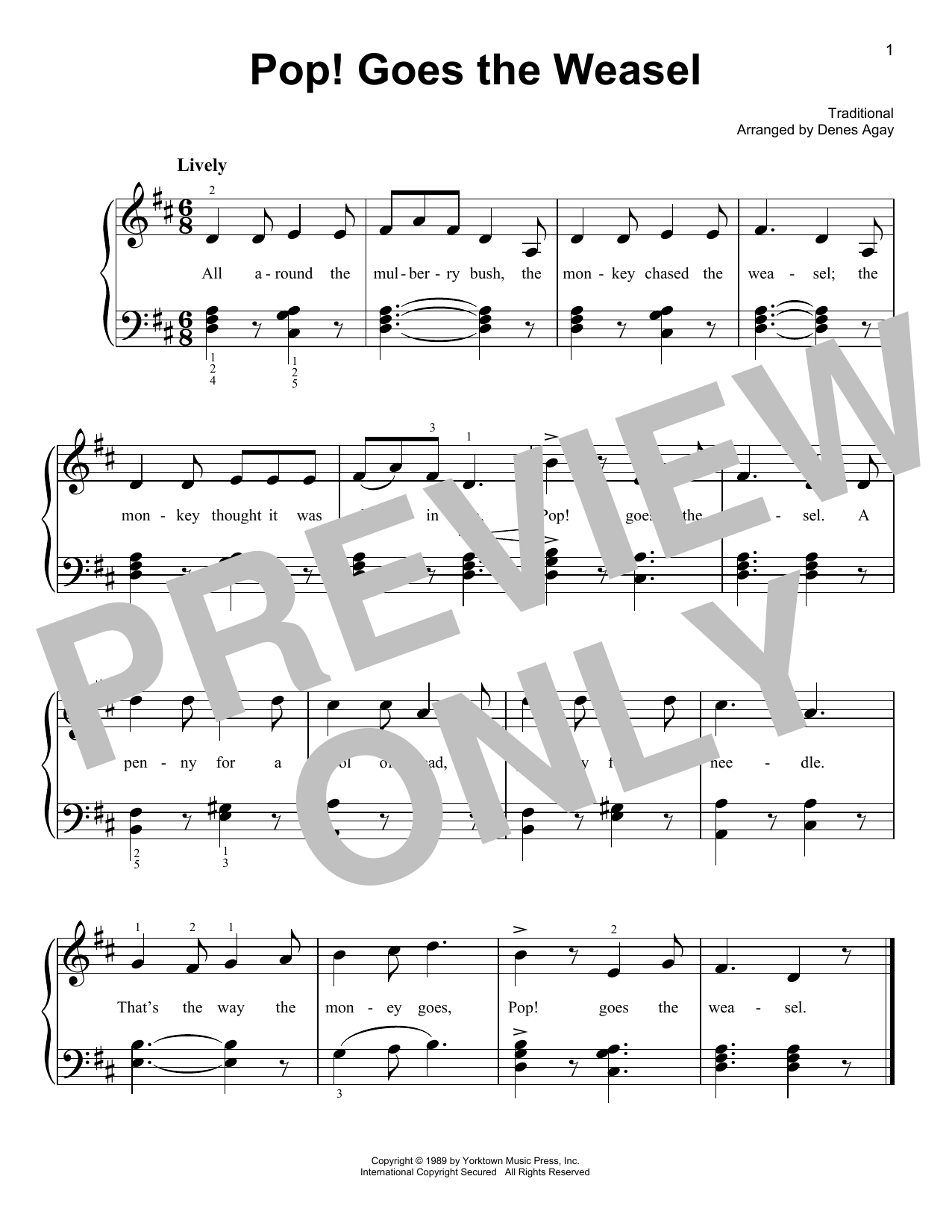 Download Traditional Pop Goes The Weasel (arr. Denes Agay) Sheet Music and learn how to play Easy Piano PDF digital score in minutes