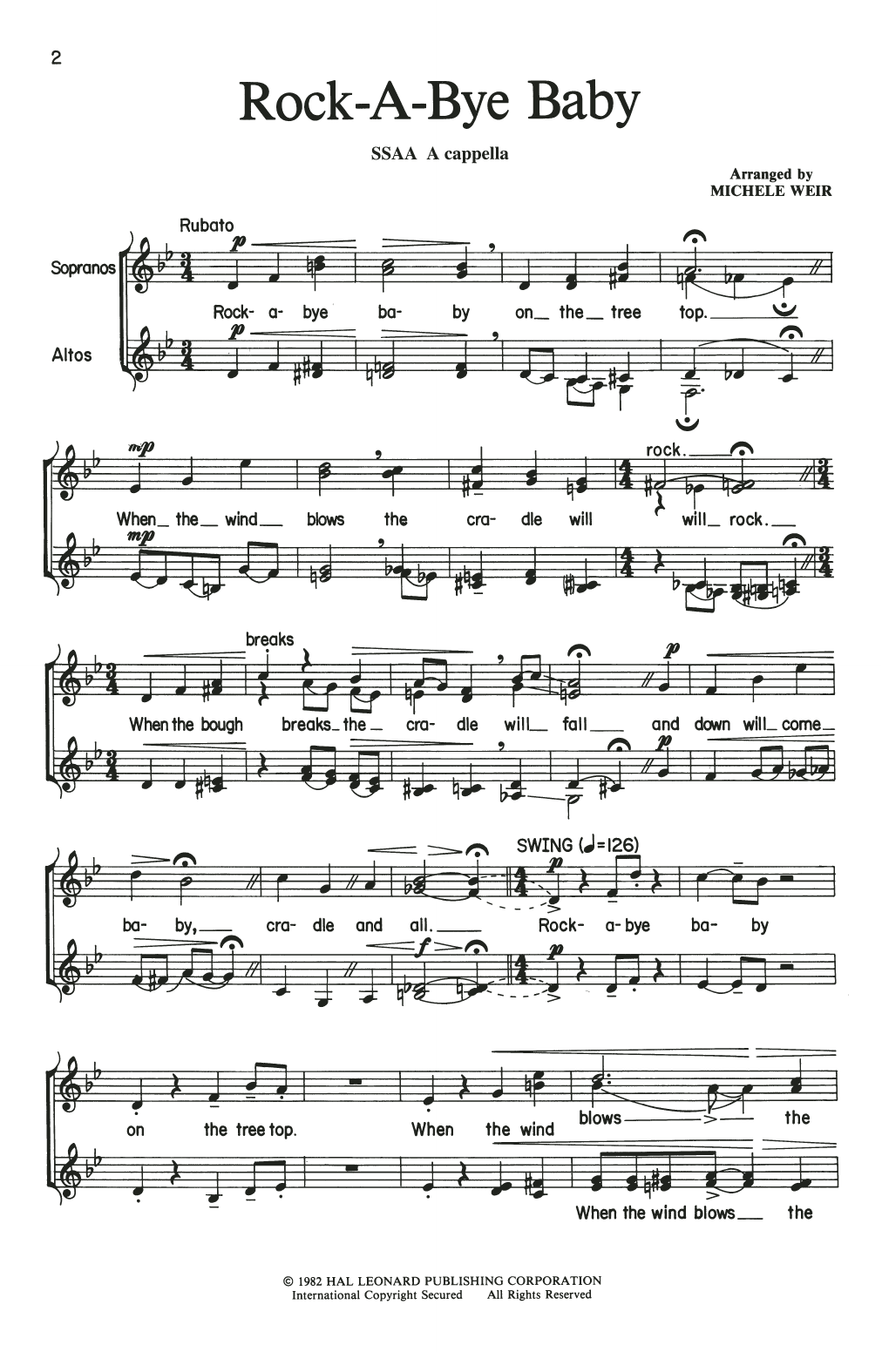 Download Traditional Rock-A-Bye, Baby (arr. Michele Weir) Sheet Music and learn how to play SSAA Choir PDF digital score in minutes