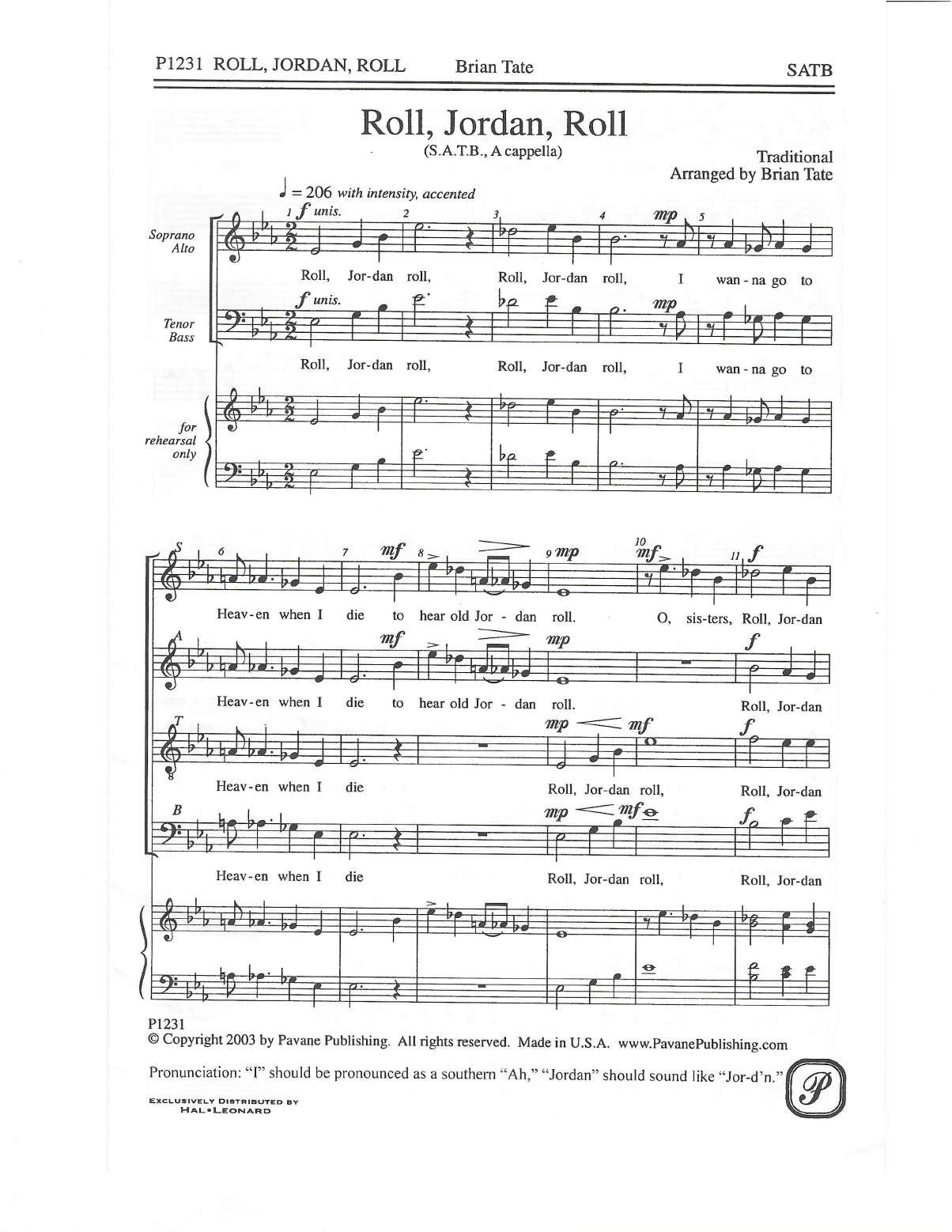 Download Traditional Roll, Jordan, Roll (arr. Brian Tate) Sheet Music and learn how to play SATB Choir PDF digital score in minutes