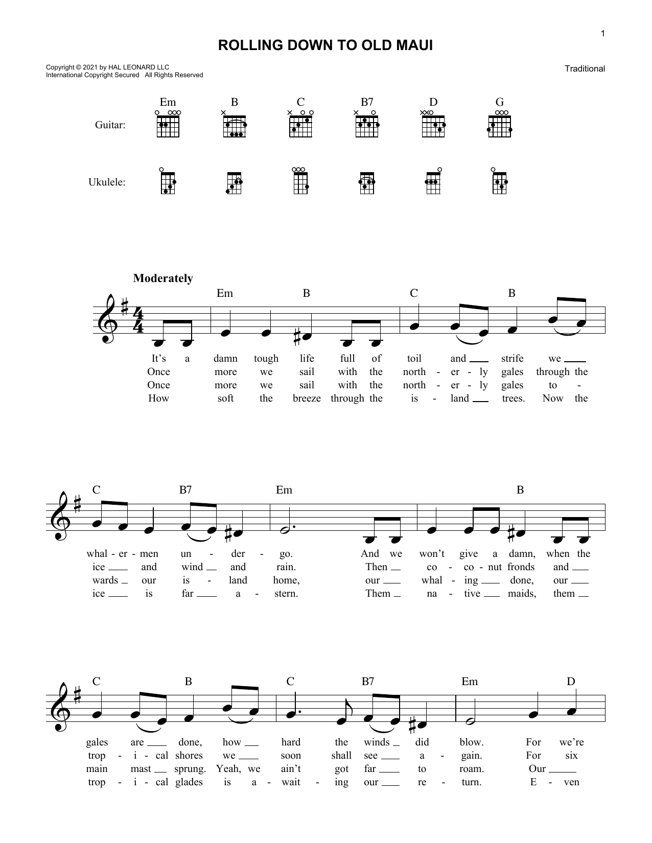 Download Traditional Rolling Down To Old Maui Sheet Music and learn how to play Lead Sheet / Fake Book PDF digital score in minutes