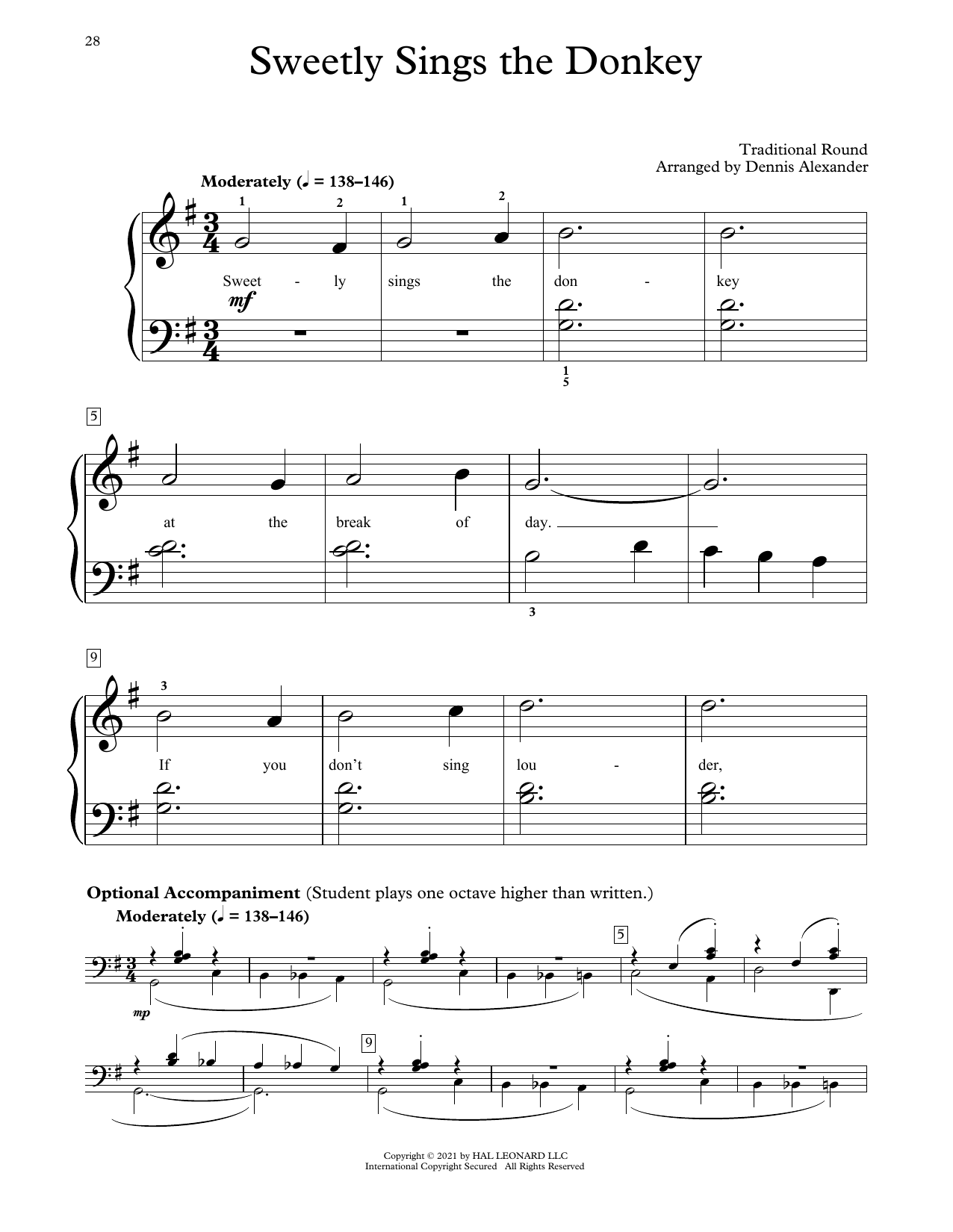 Download Traditional Round Sweetly Sings The Donkey (arr. Dennis Alexander) Sheet Music and learn how to play Educational Piano PDF digital score in minutes