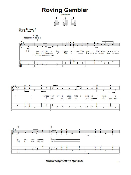 Download Traditional Roving Gambler Sheet Music and learn how to play Easy Guitar Tab PDF digital score in minutes