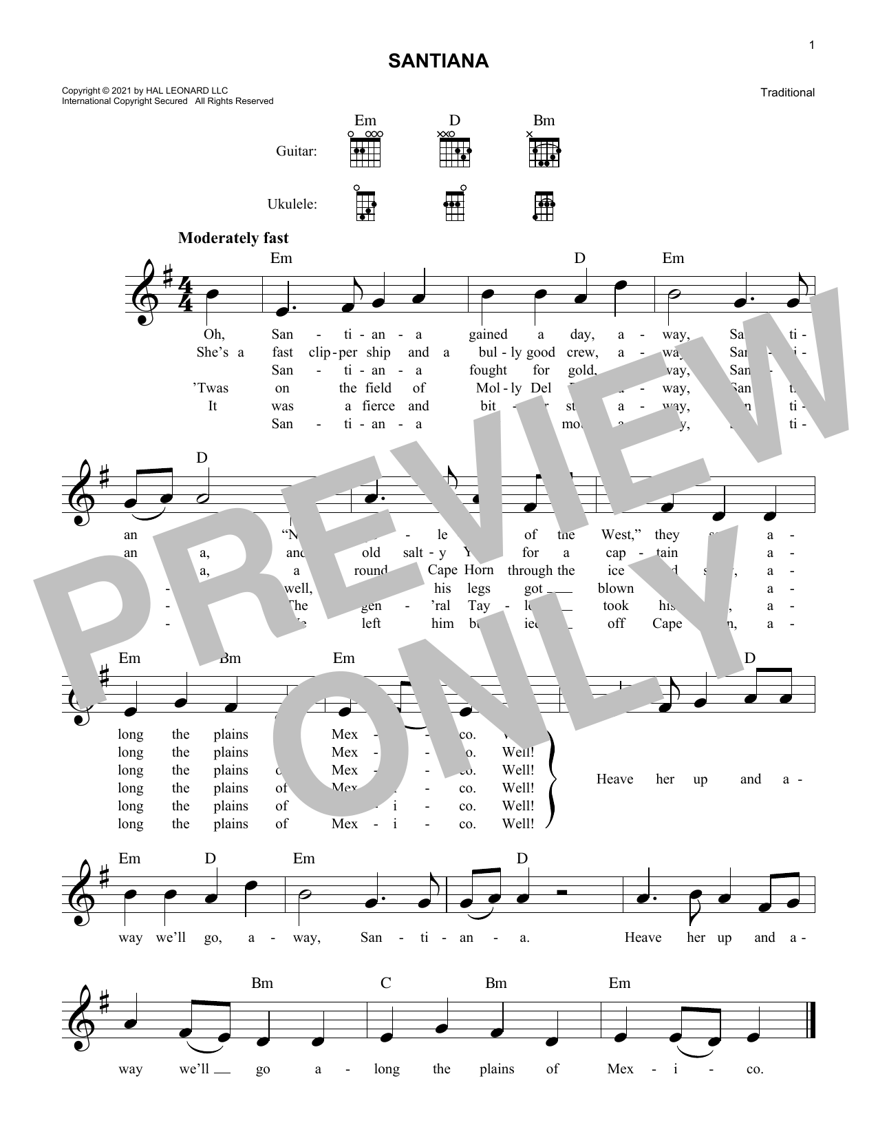 Download Traditional Santiana Sheet Music and learn how to play Lead Sheet / Fake Book PDF digital score in minutes