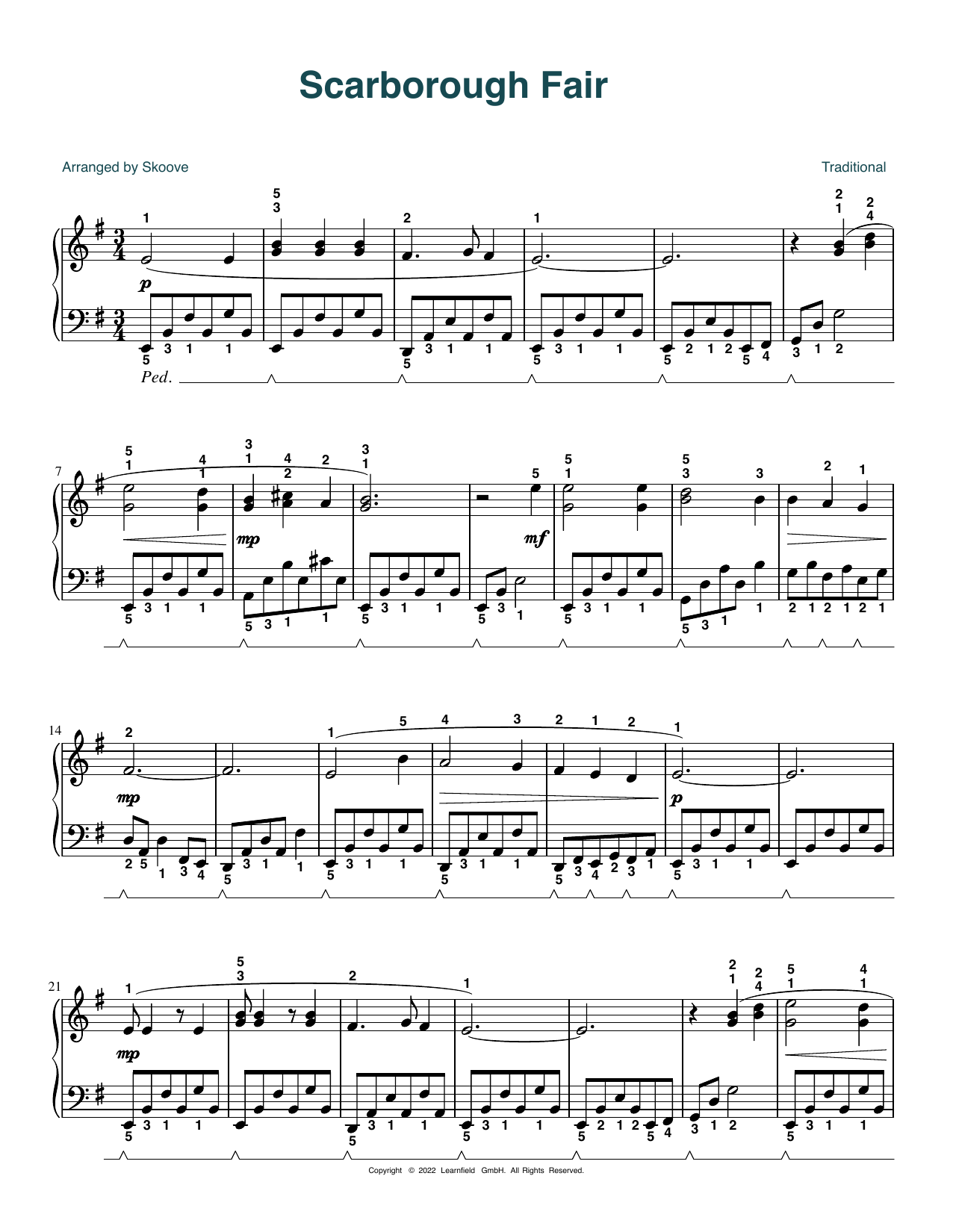 Download Traditional Scarborough Fair (arr. Skoove) Sheet Music and learn how to play Piano Solo PDF digital score in minutes