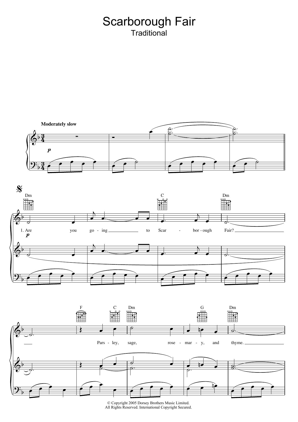 Download Traditional Scarborough Fair Sheet Music and learn how to play Piano, Vocal & Guitar (Right-Hand Melody) PDF digital score in minutes