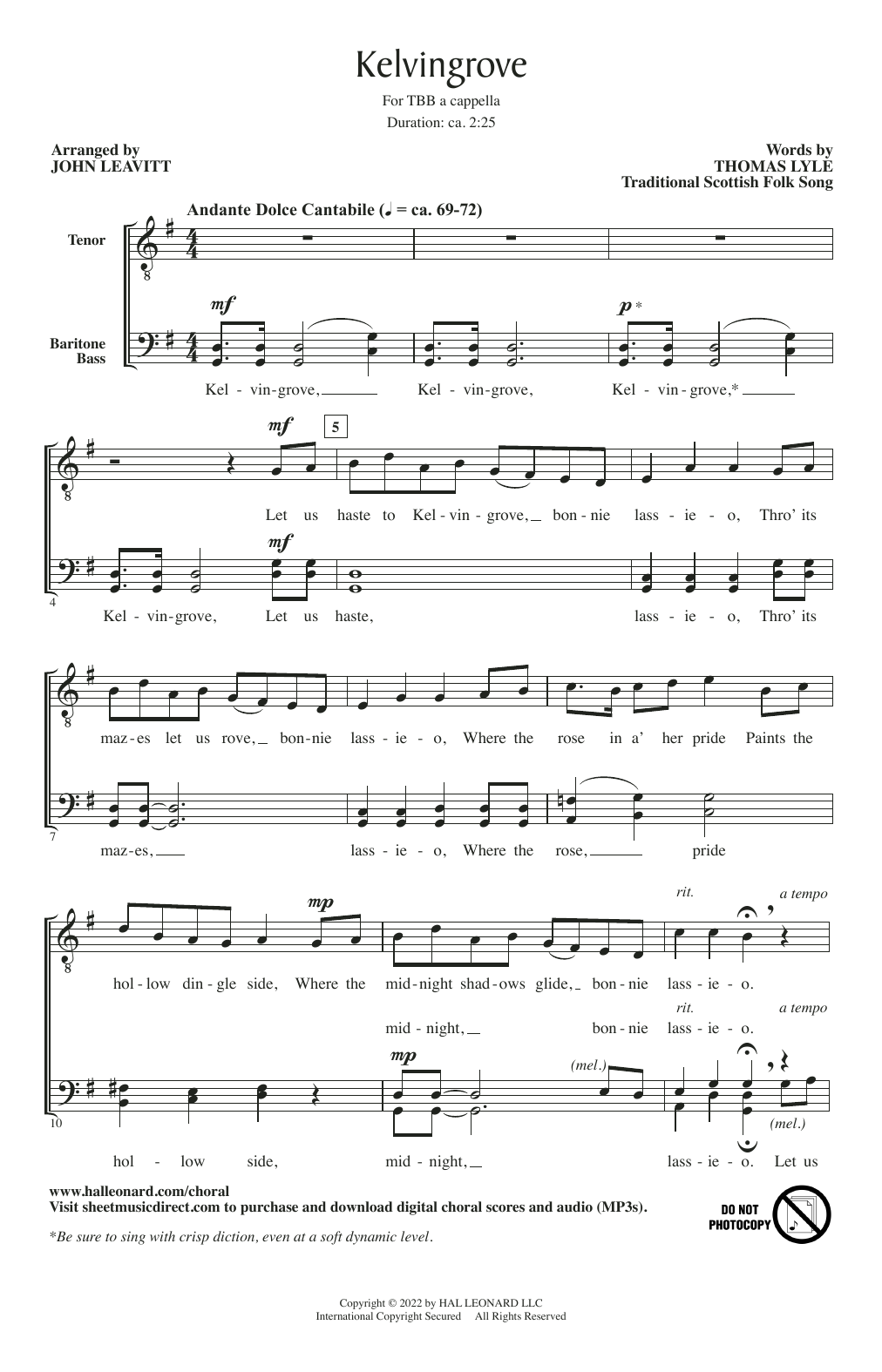 Download Traditional Scottish Folk Song Kelvingrove (arr. John Leavitt) Sheet Music and learn how to play TBB Choir PDF digital score in minutes