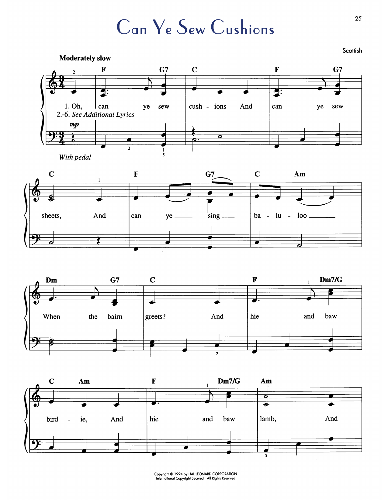 Download Traditional Scottish Lullaby Oh Can Ye Sew Cushions Sheet Music and learn how to play Easy Piano PDF digital score in minutes