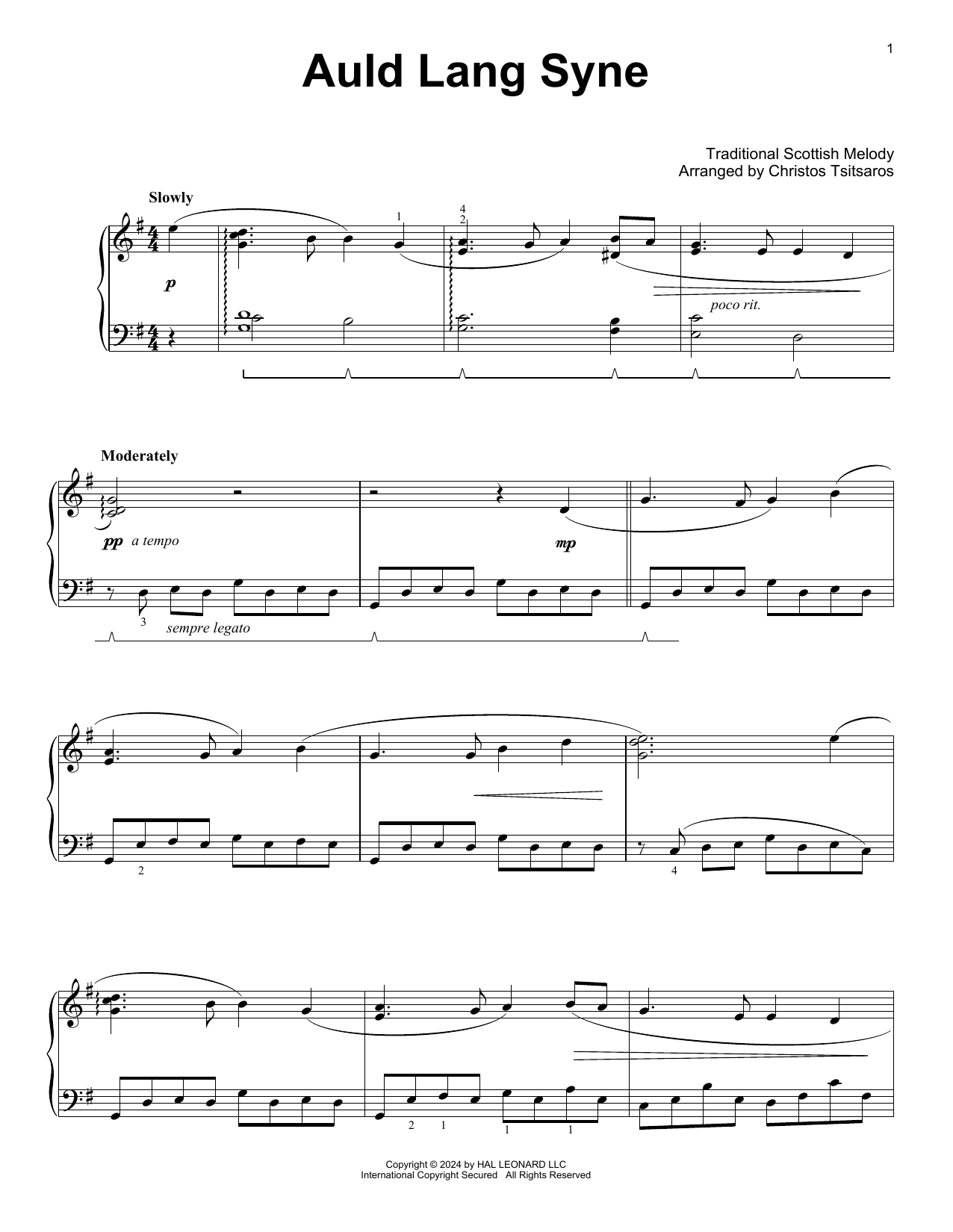 Download Traditional Scottish Melody Auld Lang Syne (arr. Christos Tsitsaros) Sheet Music and learn how to play Easy Piano Solo PDF digital score in minutes