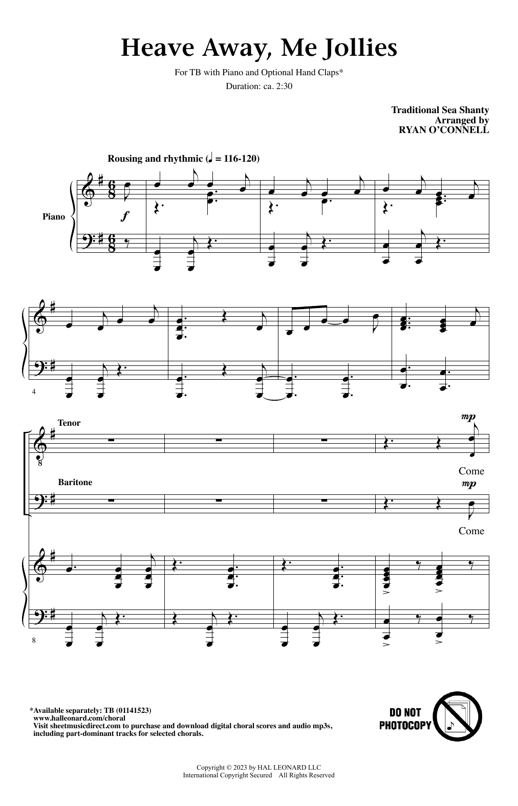 Download Traditional Sea Shanty Heave Away, Me Jollies (arr. Ryan O'Connell) Sheet Music and learn how to play TB Choir PDF digital score in minutes