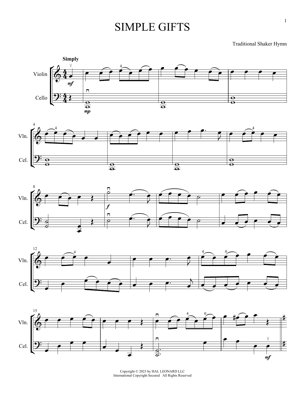 Download Traditional Shaker Hymn Simple Gifts (arr. Michelle Hynson) Sheet Music and learn how to play Instrumental Duet PDF digital score in minutes