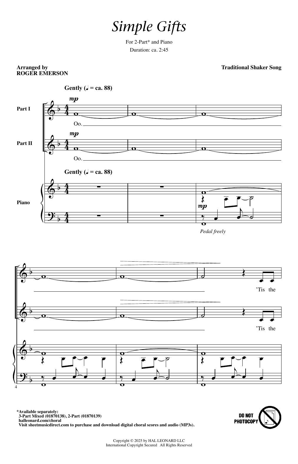 Download Traditional Shaker Song Simple Gifts (arr. Roger Emerson) Sheet Music and learn how to play 2-Part Choir PDF digital score in minutes