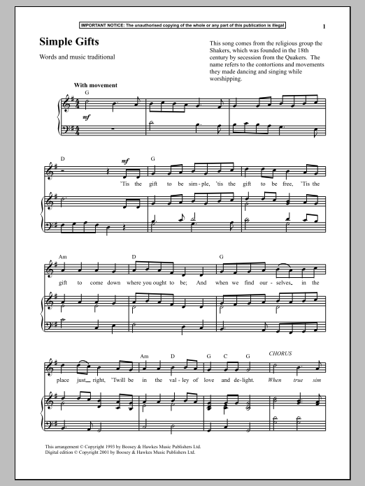 Download Traditional Shaker Hymn Simple Gifts Sheet Music and learn how to play Piano PDF digital score in minutes