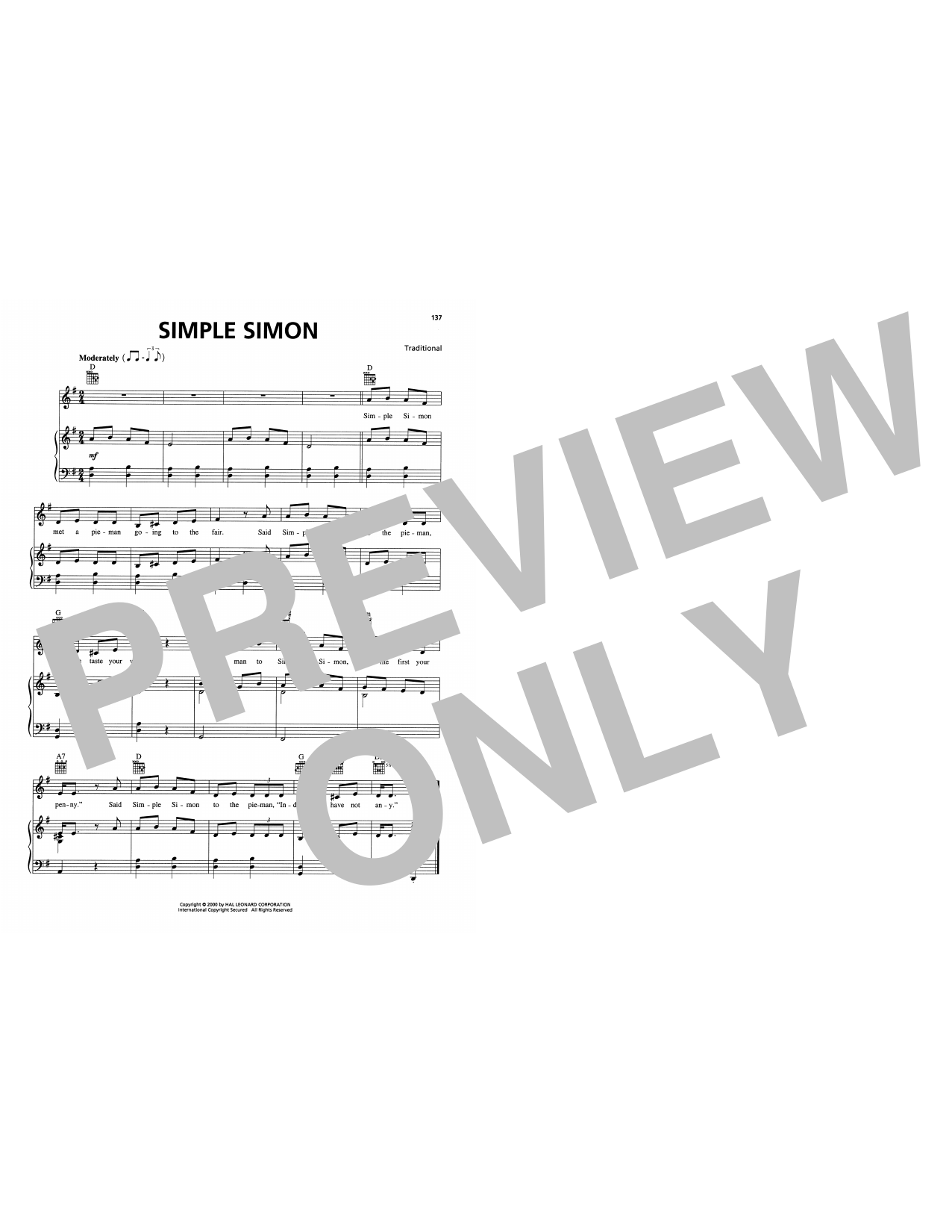 Download Traditional Simple Simon Sheet Music and learn how to play Piano, Vocal & Guitar Chords (Right-Hand Melody) PDF digital score in minutes