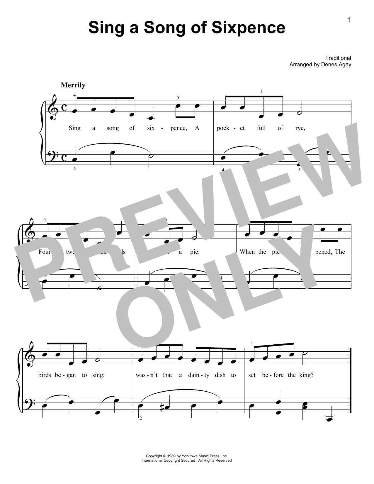 Download Traditional Sing A Song Of Sixpence (arr. Denes Agay) Sheet Music and learn how to play Easy Piano PDF digital score in minutes