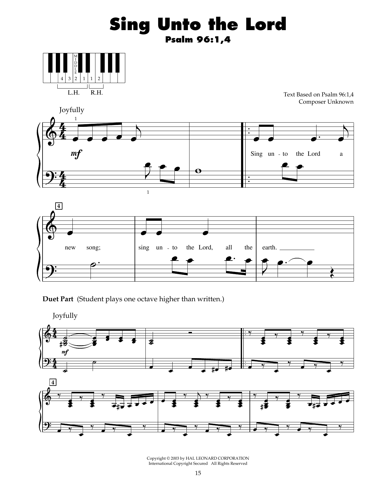 Download Traditional Sing Unto The Lord Sheet Music and learn how to play 5-Finger Piano PDF digital score in minutes