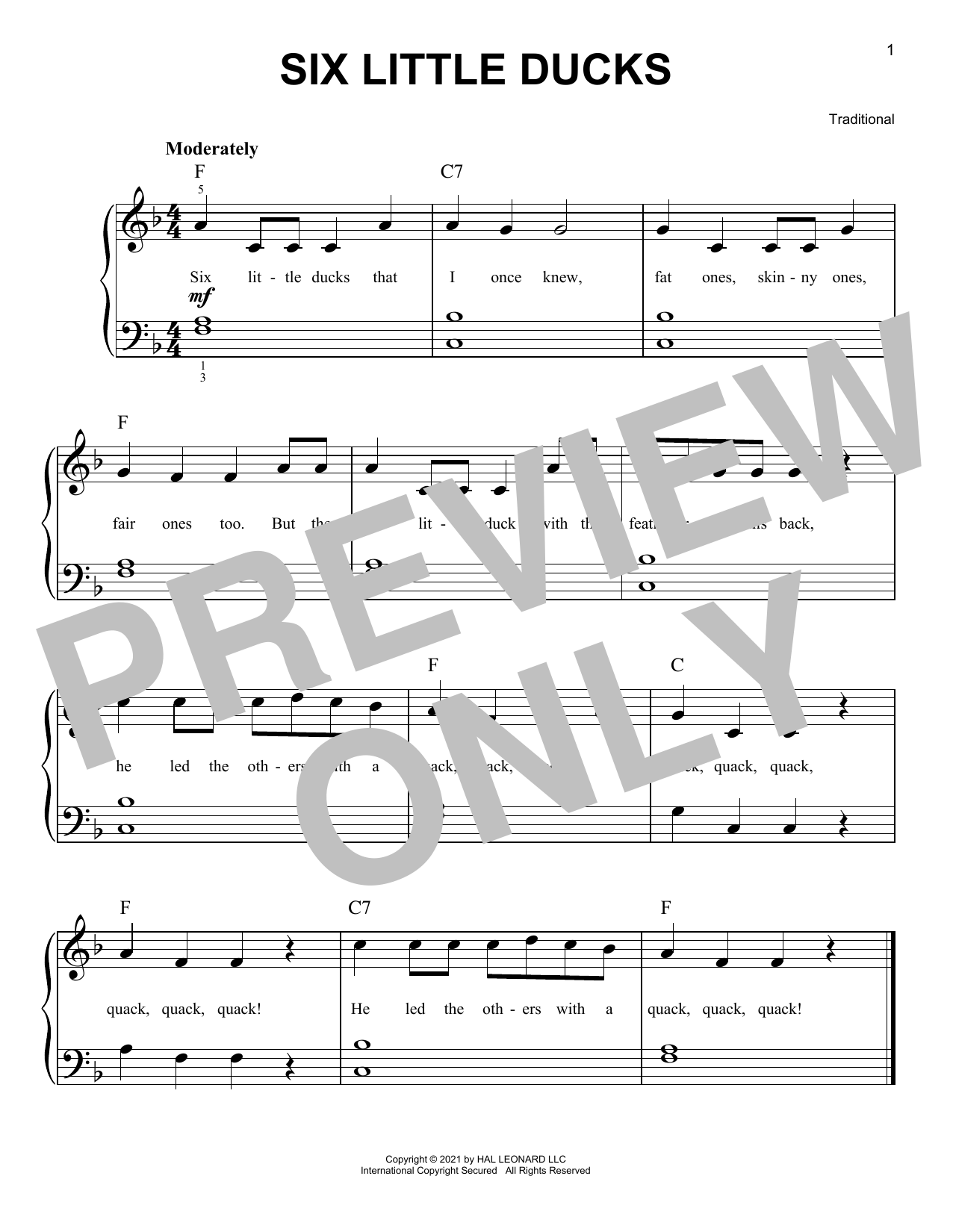 Download Traditional Six Little Ducks Sheet Music and learn how to play Easy Piano PDF digital score in minutes