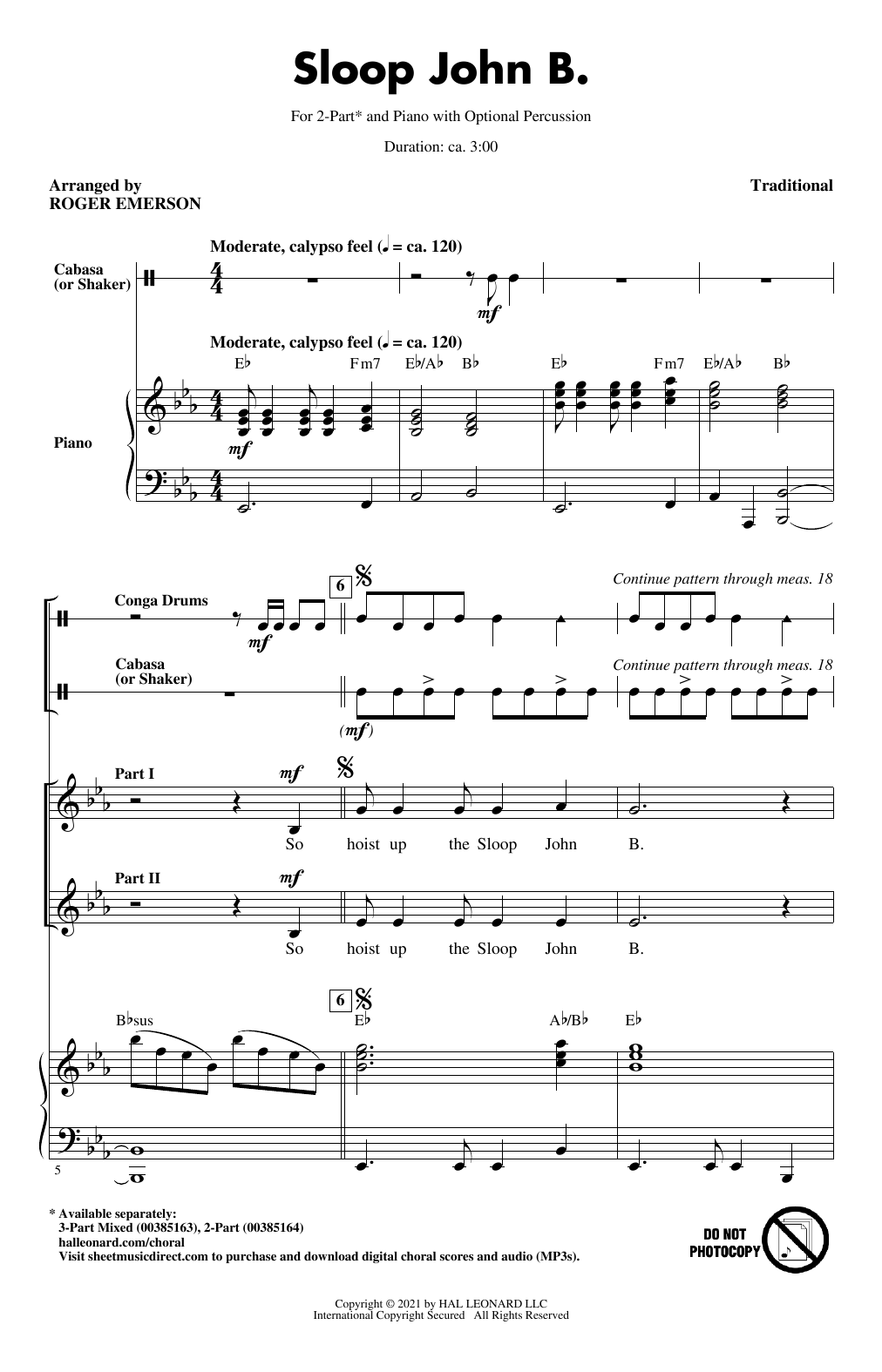Download Traditional Sloop John B. (arr. Roger Emerson) Sheet Music and learn how to play 2-Part Choir PDF digital score in minutes