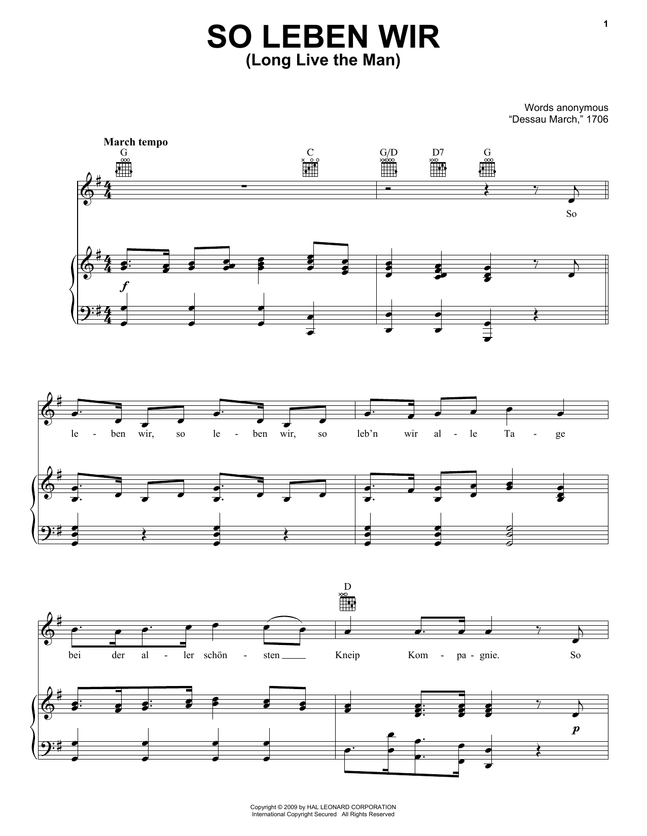 Download Traditional So Leben Wir (Long Live The Man) Sheet Music and learn how to play Piano, Vocal & Guitar (Right-Hand Melody) PDF digital score in minutes